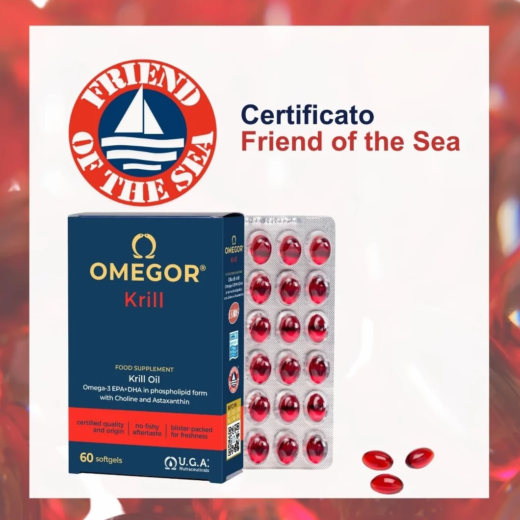 OMEGOR® Puro Olio di Krill Antartico 660mg Fosfolipidi 82.6mg Colina 100mcg Astaxantina 250mg EPA DHA 60 Perle