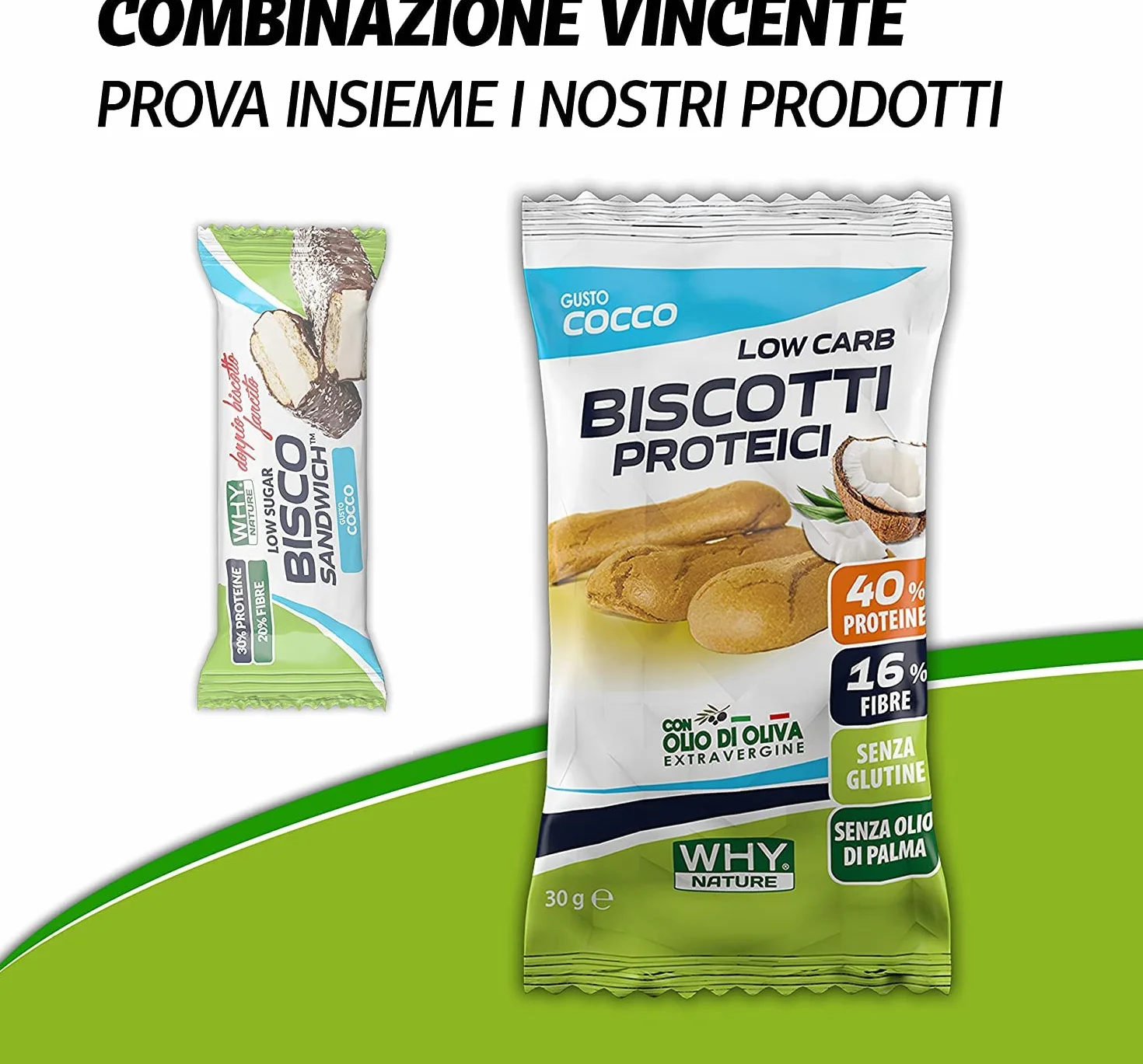 WHY NATURE BISCO SANDWICH Barrette Proteiche Biscotti Proteici Ricoperti di Cioccolato Snack Proteici Gusto Cocco Box 21 Pezzi 45 gr