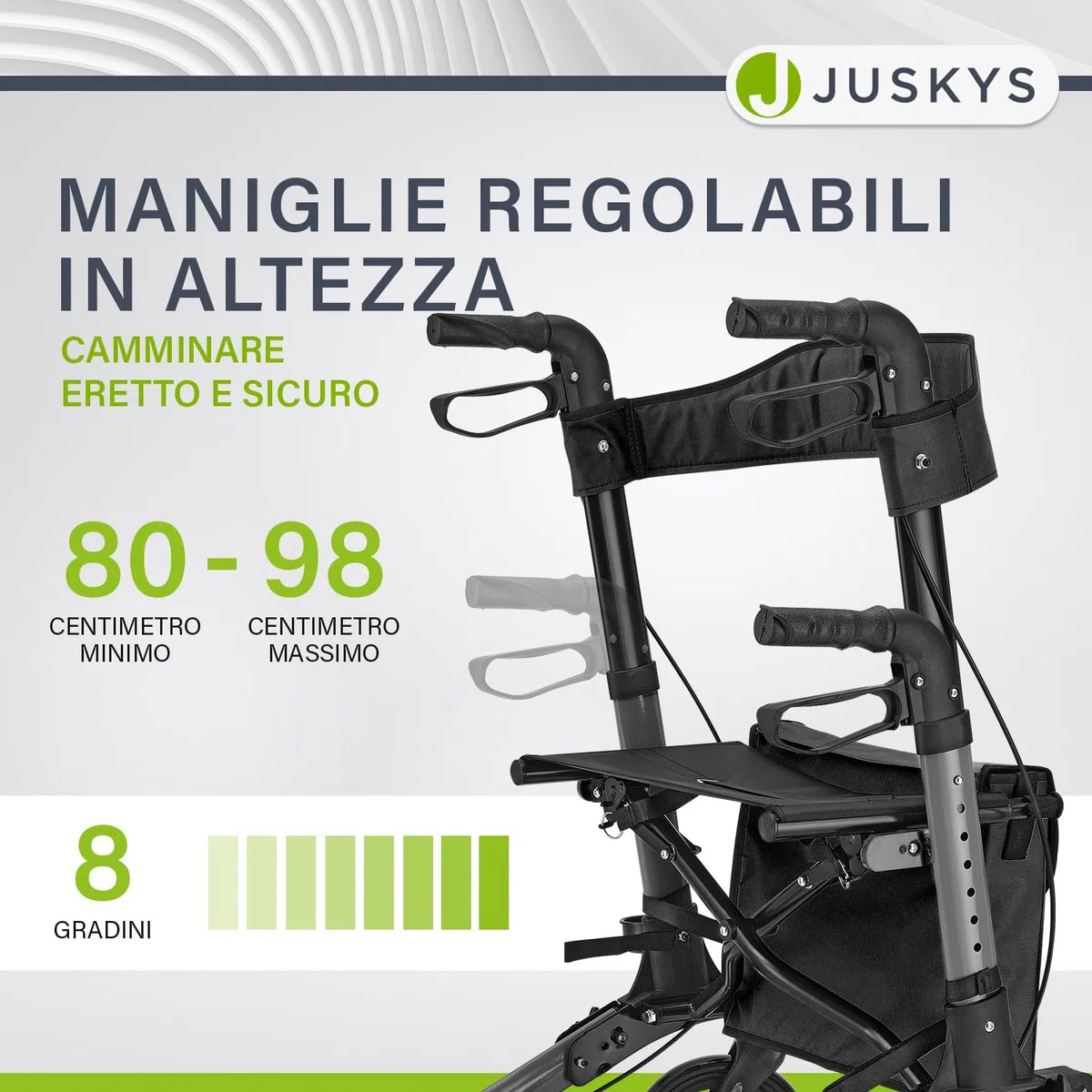 Juskys Rollator Vital nero – Aiuto per la deambulazione pieghevole e leggero in alluminio fino a 130 kg – Supporto per la deambulazione regolabile in altezza con sedile, borsa e supporto per ombrello