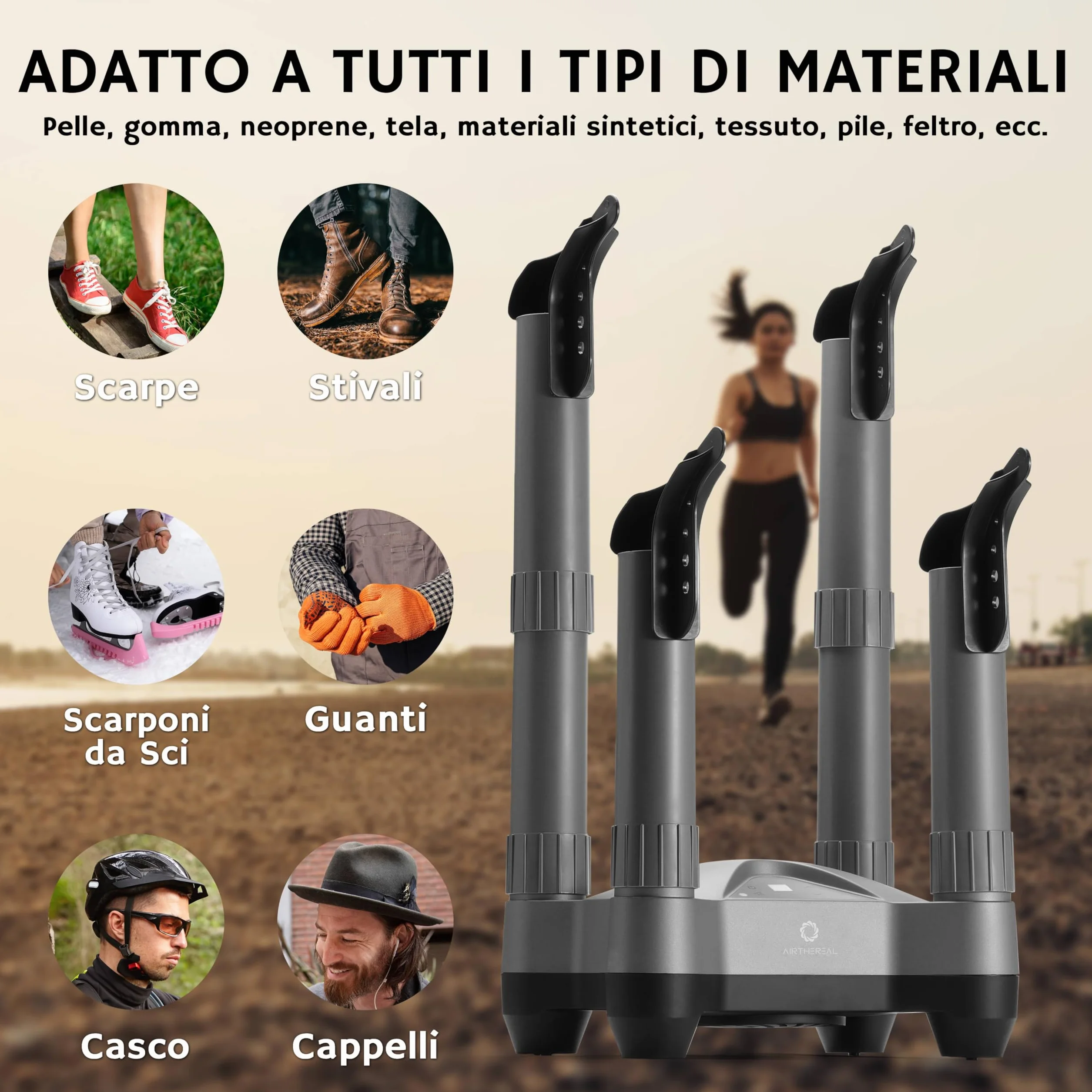 AIRTHEREAL SD20 Asciugascarpe Elettrico 110W con Timer e Ozono, Asciugatore Portatile per 2 Paia di Scarpe, Grigio