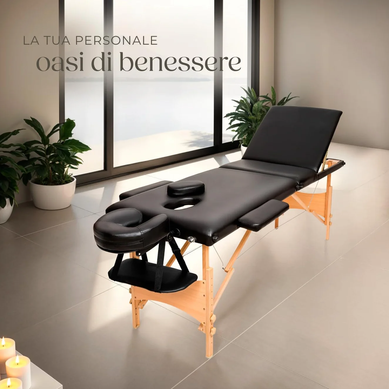 Lettino Massaggio 3 zone Pieghevole Portatile Rivestimento Vinile Idrorepellente Nero