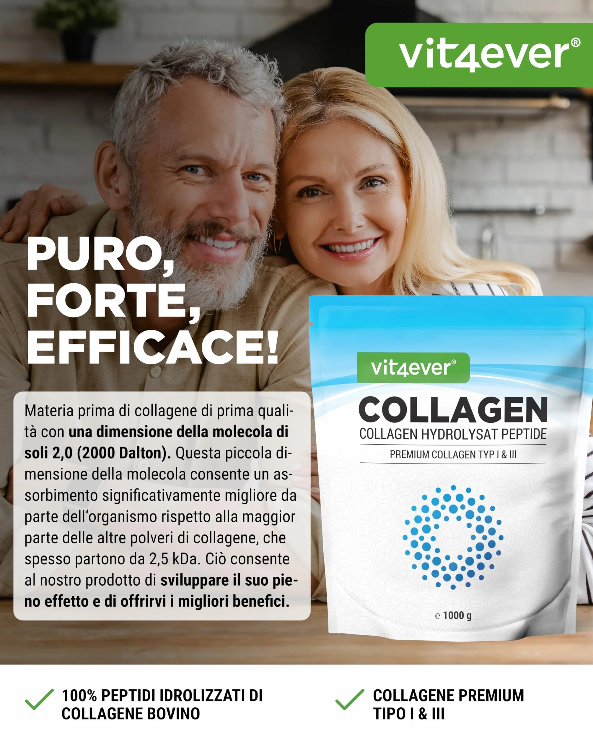 Collagene in Polvere 1000 g - Peptidi Idrolizzati Bioattivi Tipi 1 e 3 - Sapore Neutro