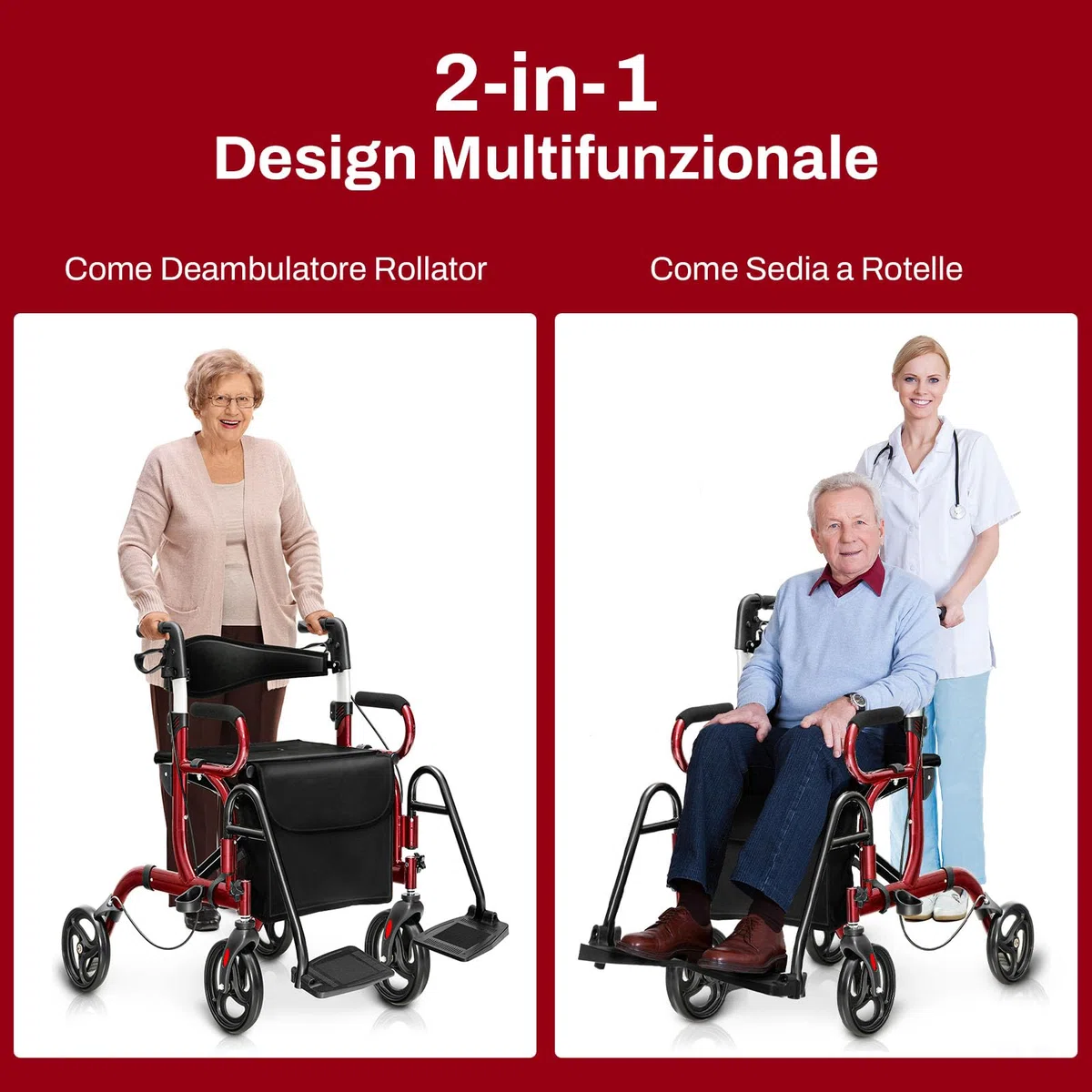 COSTWAY Deambulatore 2 in 1 per Anziani in Alluminio, Rollator Pieghevole e Regolabile in Altezza con Sedia, Schienale Reversibile, Manici Regolabili, Ruote, Poggiapiedi e Borsa Rimovibile (Rosso)