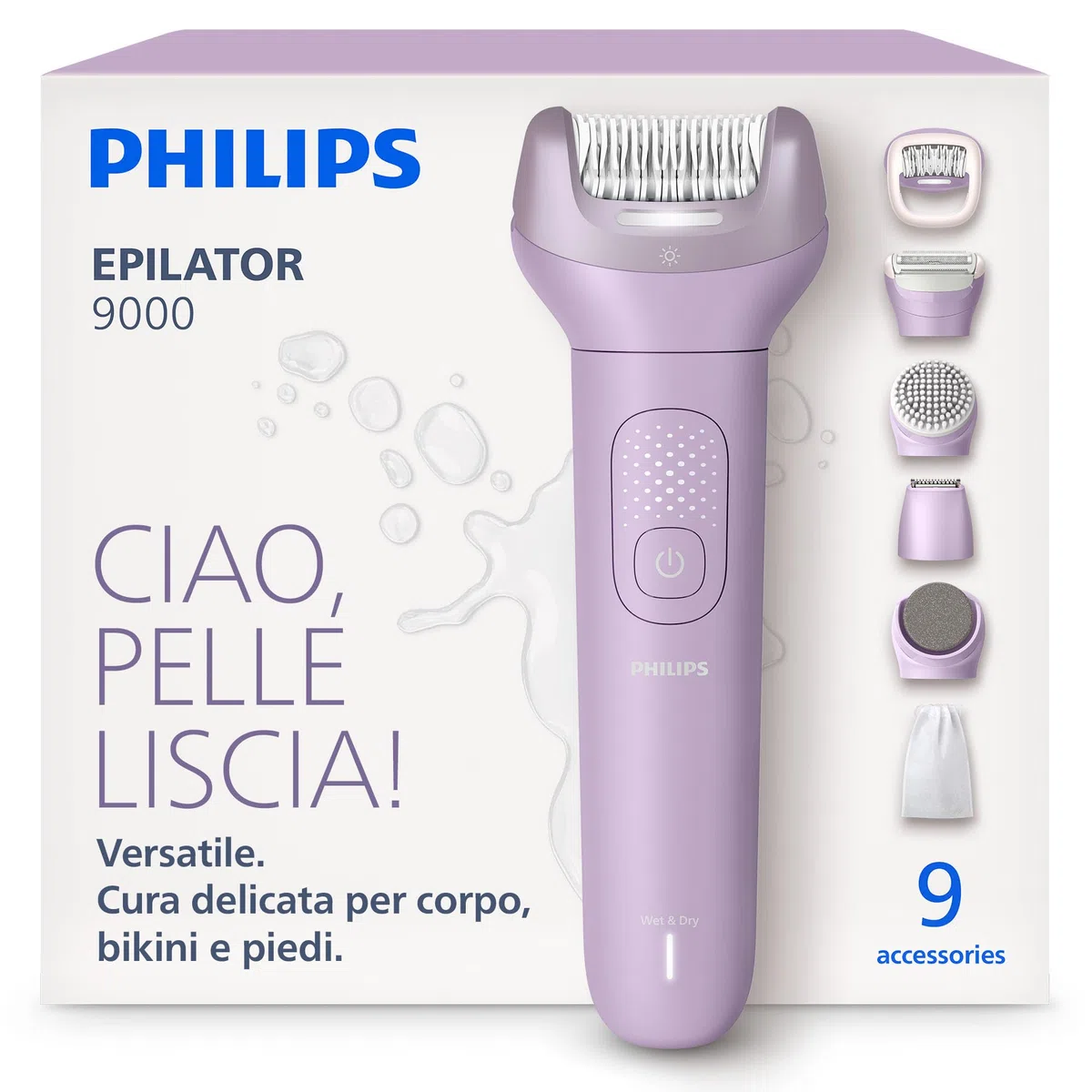 Philips Epilatore Serie 9000 - Epilatore elettrico Wet & Dry senza fili, per gambe, corpo e zona bikini, con ProGuide, 9 accessori, tra cui testina pedicure, autonomia di 60 minuti, modello BRE728/00