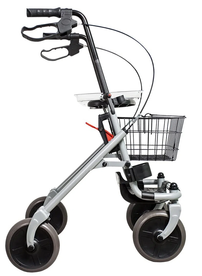 Ausilium Rollator Basic Pieghevole in Acciaio a 4 Ruote Ø 20 cm, Ruote Anteriori Piroettanti, Freno a Leva, Seduta, Cestino e Vassoio Inclusi, Portata 120 kg, Altezza Regolabile