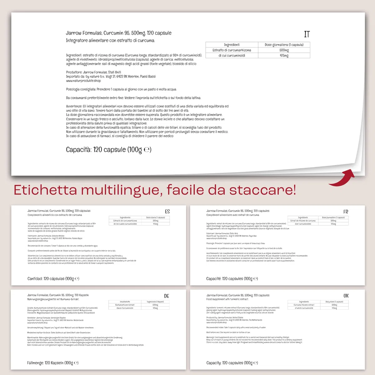 Jarrow Formulas, Curcumina 95, Estratto di Curcuma, 500mg, 120 Capsule vegane, Testato in Laboratorio, Senza Soia, Senza Glutine, Vegetariano, Non OGM