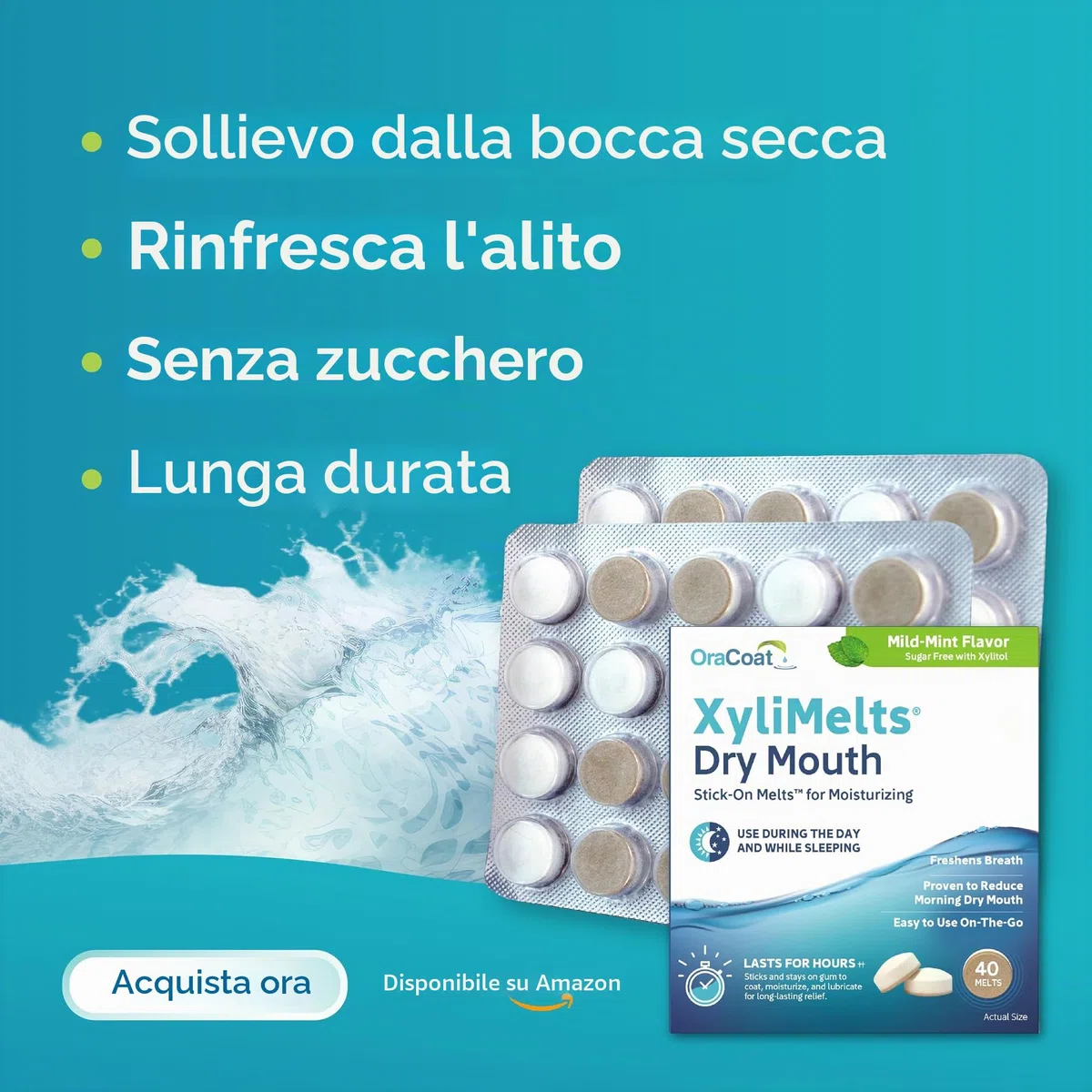XyliMelts Natura, 80 pezzi, pastiglie adesive contro la secchezza delle fauci notturni, idratano la bocca durante il sonno per 4-8 ore, con xilitolo: sapore leggermente dolciastro, contro la bocca