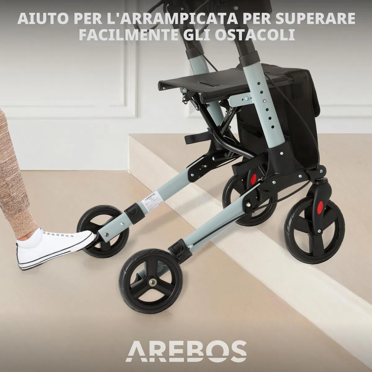 Arebos Deambulatore 4 Ruote | 136 kg | Pieghevole | Alluminio | Peso Leggero | con Borsa per la Spesa | Nero