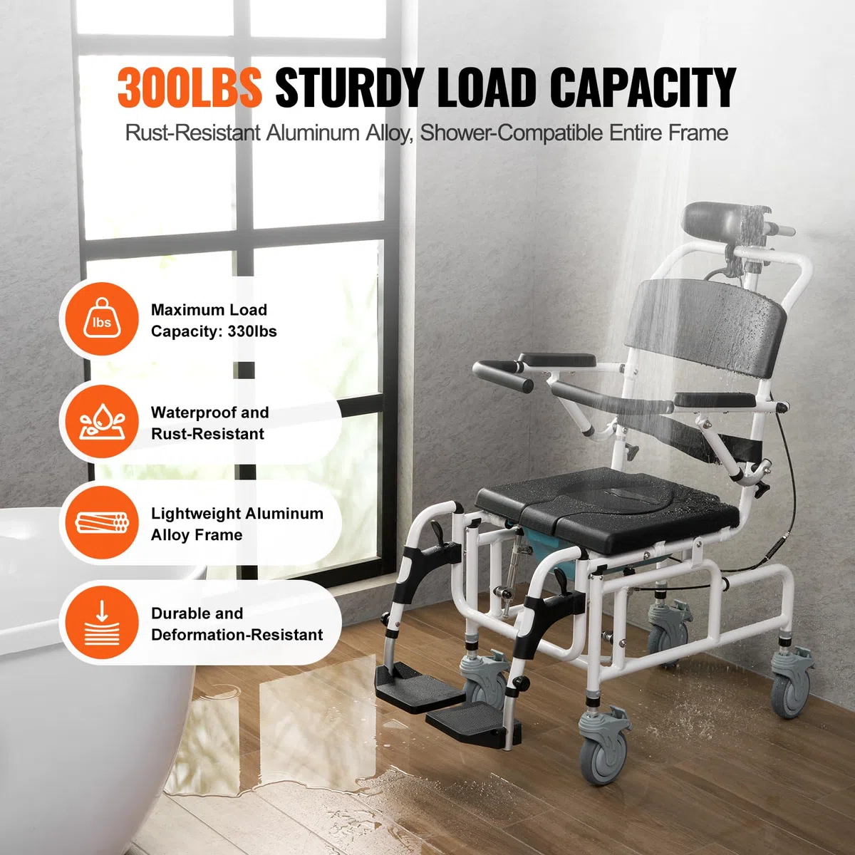 VEVOR Sedia a Rotelle per Doccia, Bagno per Adulti Disabili, Sedia in Alluminio per Doccia Rotolante Regolabile con Freno Sedia da Trasporto per Comoda da Doccia Capacità 136 kg Larghezza 440 mm