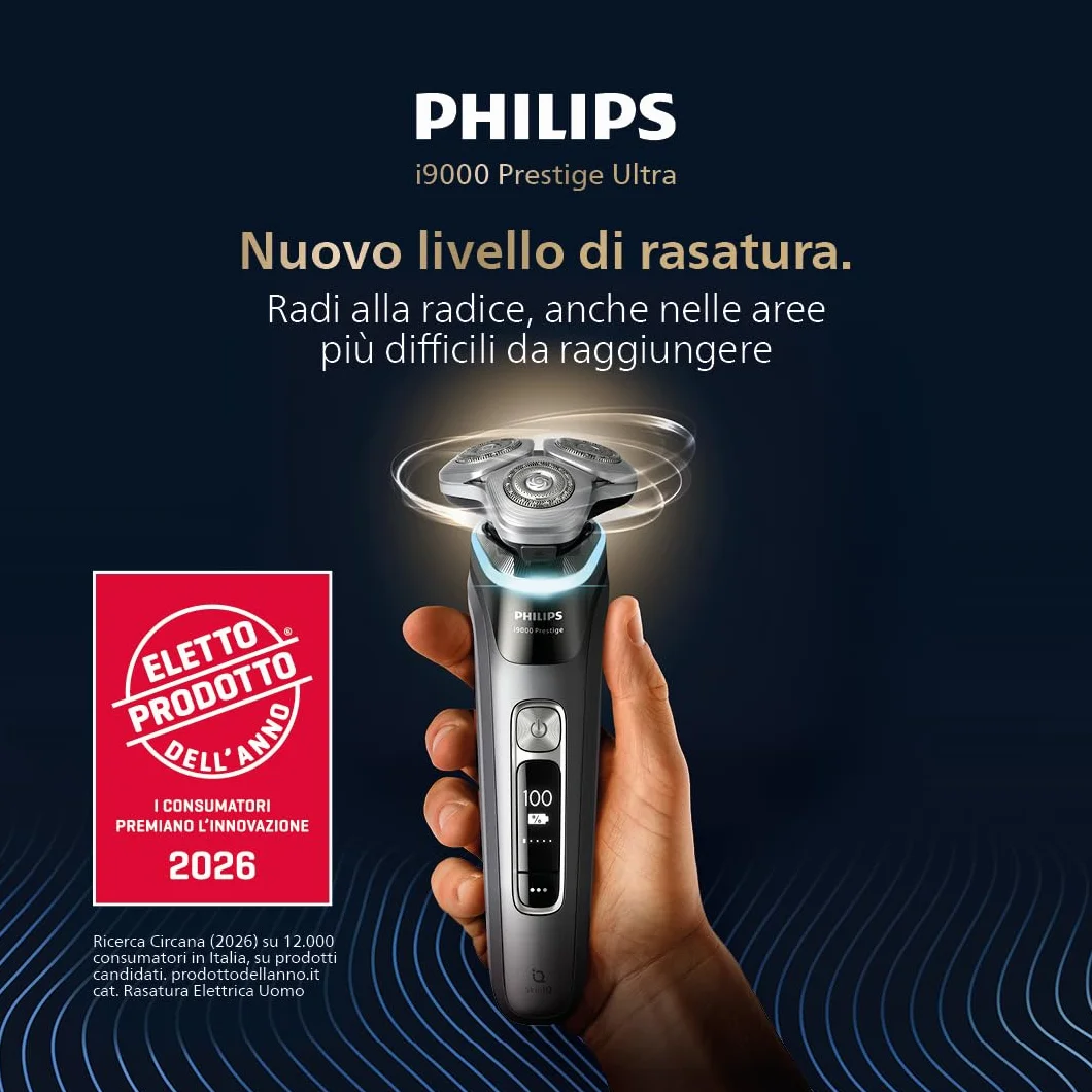 Philips Shaver i9000 Prestige, rasoio elettrico Wet & Dry, tecnologia Skin IQ, triplo sistema di sollevamento e taglio, doppie lame di precisione in acciaio 360º, styler per barba, modello XP9202/33