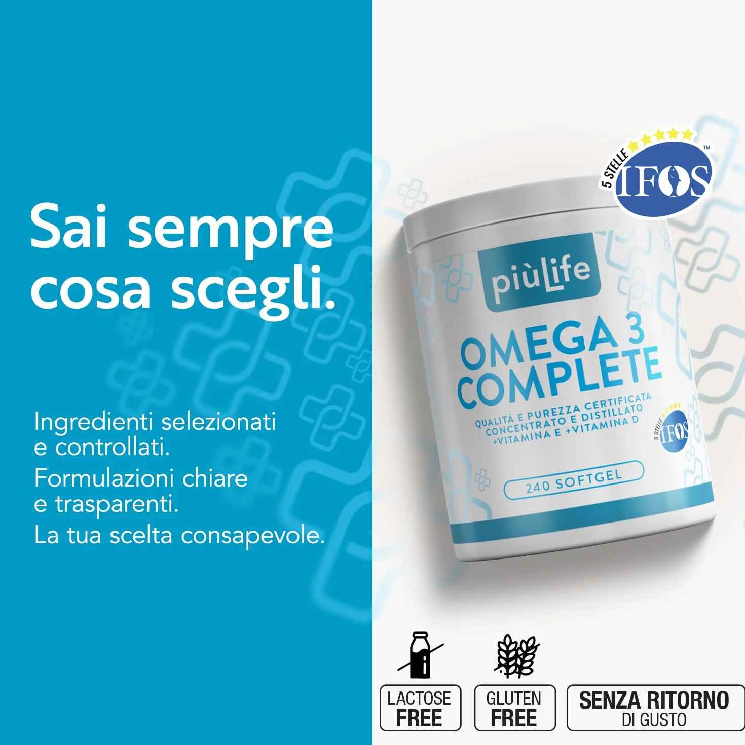 Omega 3 IFOS 5 Stelle Certificato Con Vitamina D3 2000 UI PiùLife, 240 Softgel 2000mg EPA, 1000mg DHA Olio di Pesce