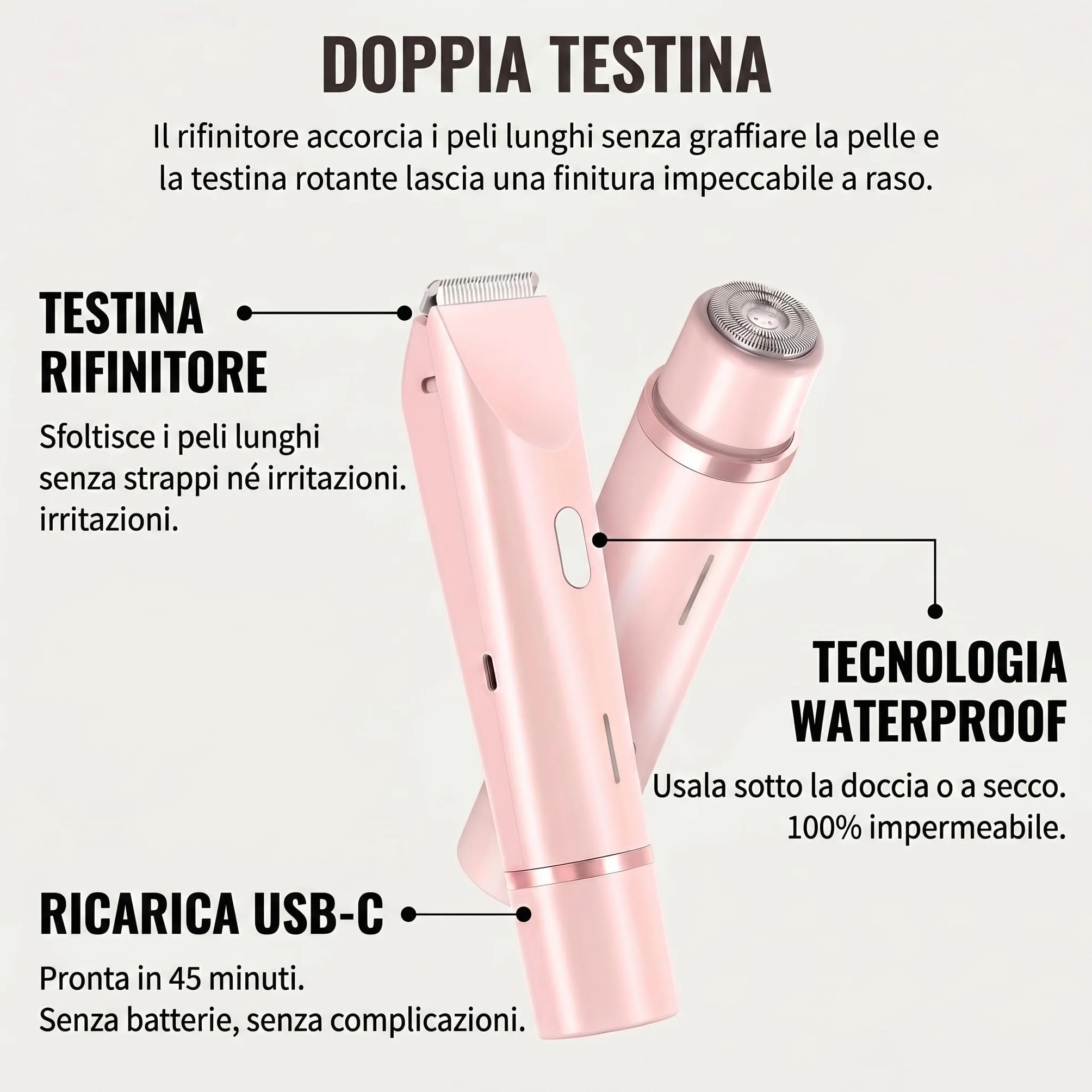 Glorya Rasoio Elettrico Donna 2 in 1 IPX7 Lame in Ceramica Ricaricabile Trimmer Bikini
