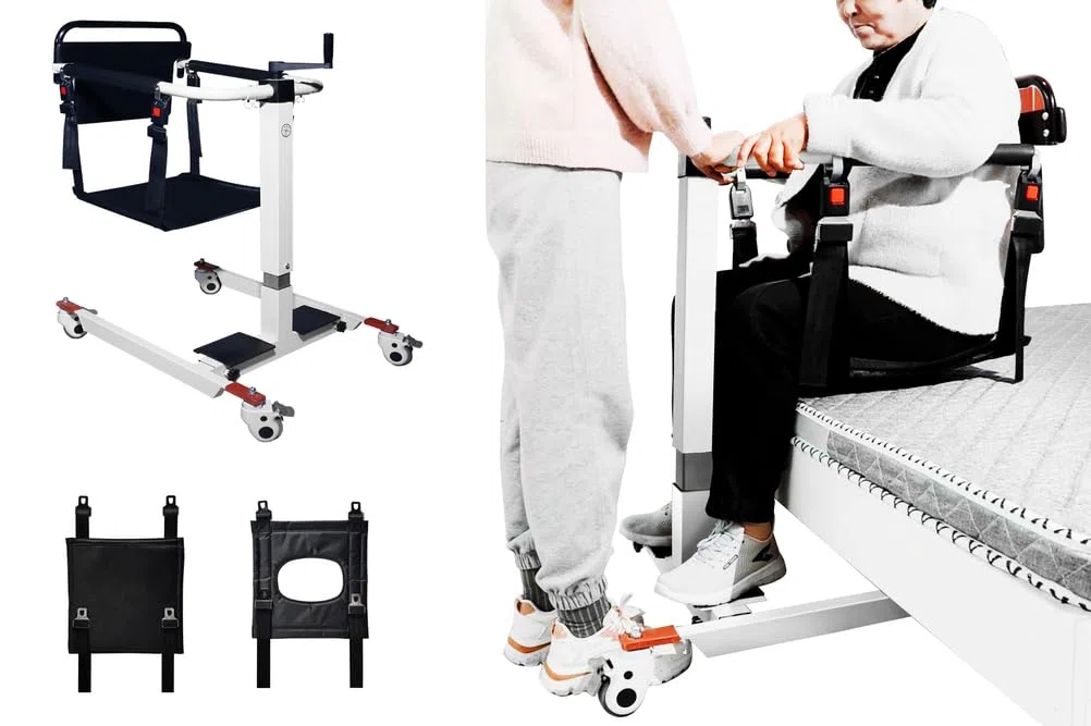 Sedia di Trasferimento con Sollevatore Manuale per Pazienti, Regolabile in Altezza/Larghezza, Ausilio di Sollevamento Portatile per Disabili, Sedia di Trasporto con Comoda da Letto