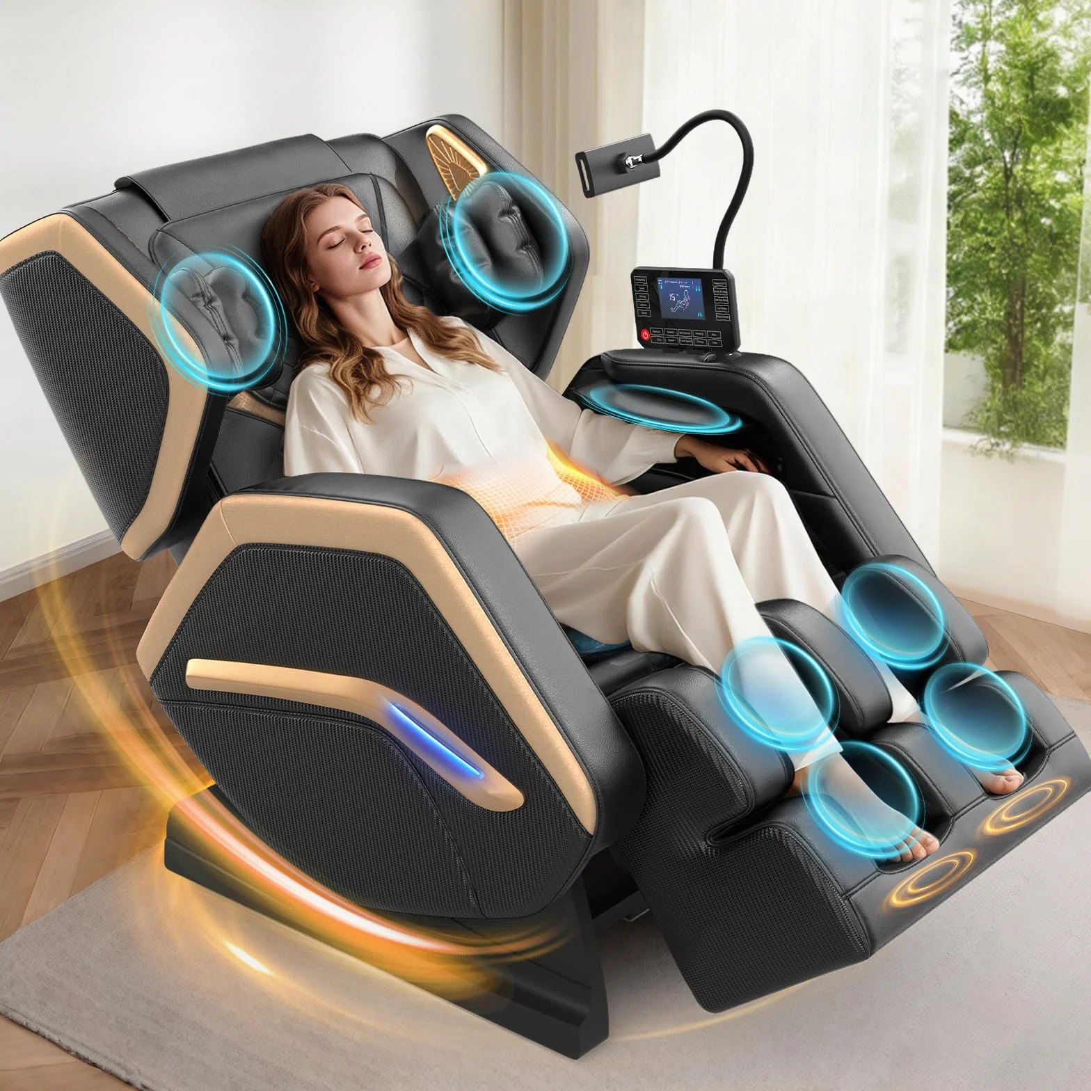 Poltrona massaggiante, Poltrona massaggiante per tutto il corpo, 14 rulli massaggianti, riscaldamento schiena e gambe, massaggio piedi, 8 airbag, altoparlanti Bluetooth, telecomando touch per