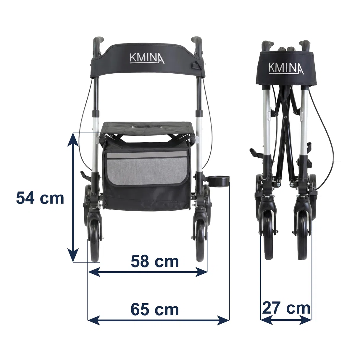 KMINA Deambulatore Pieghevole con Sedile per Adulti, Pieghevole Verticale, Altezza Regolabile, Freno a Levetta, Borsa e Porta Bastone, Bianco