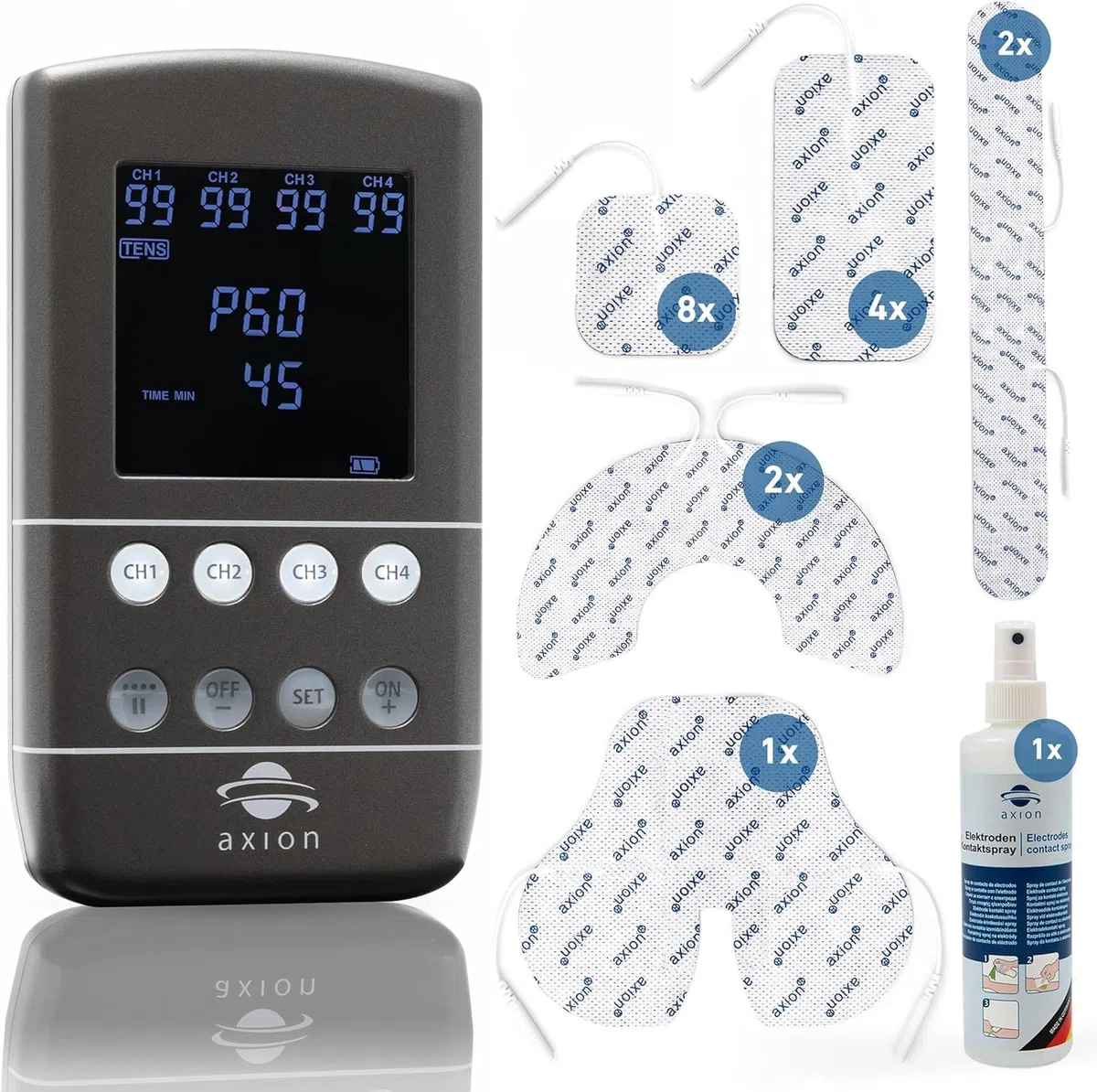 TENS EMS Dispositivo combinato STIM-PRO X9B - 4 canali nel set con 8 pezzi da 5x5cm, 4 pezzi da 10x5cm, elettrodi speciali e spray per contatti - Terapia del dolore, tonificazione muscolare e