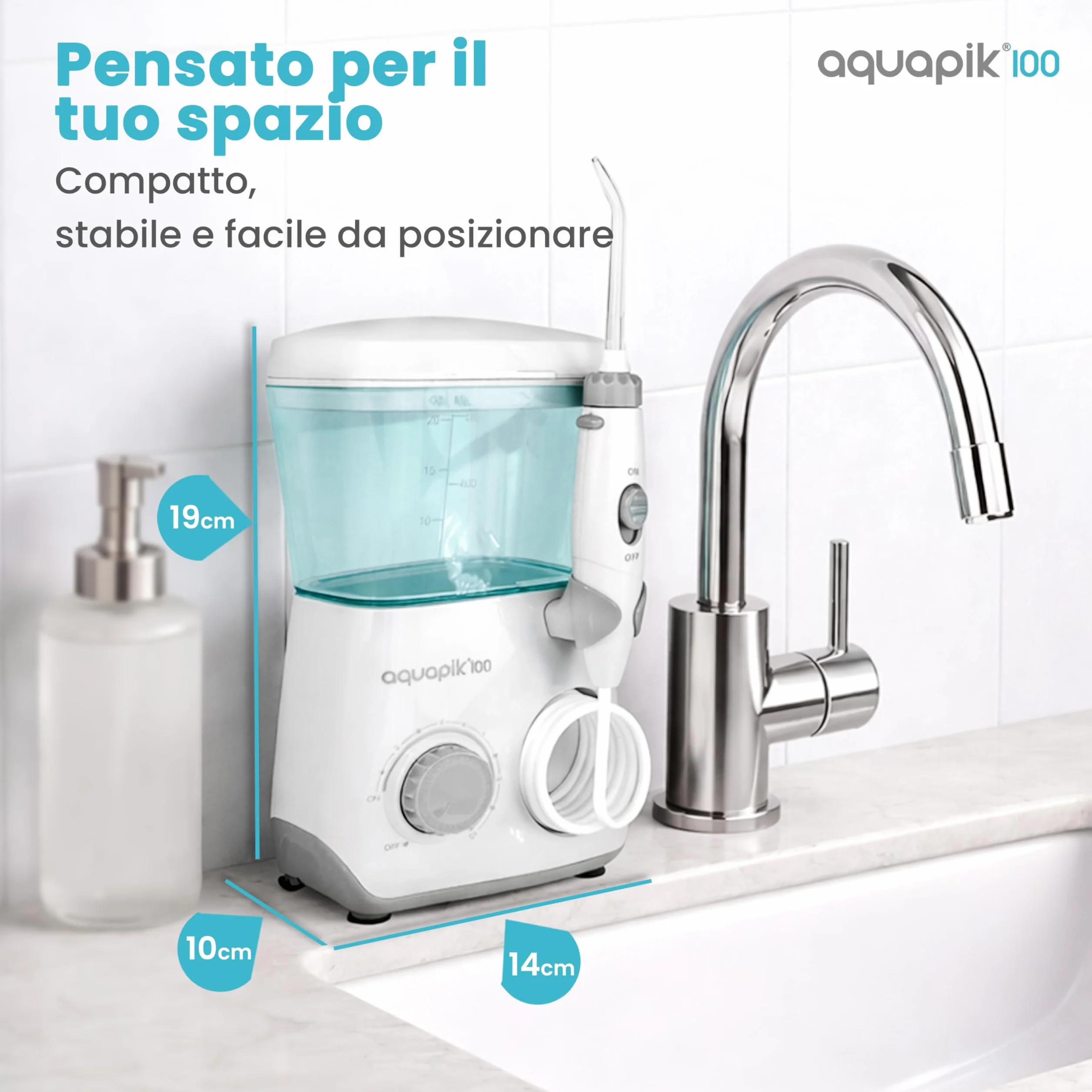 Aquapik 100 Idropulsore Dentale Professionale Irrigatore Orale 8 Ugelli Multifunzione 10 Impostazioni Pressione Serbatoio 600 ml Pulizia Interdentale Bianco