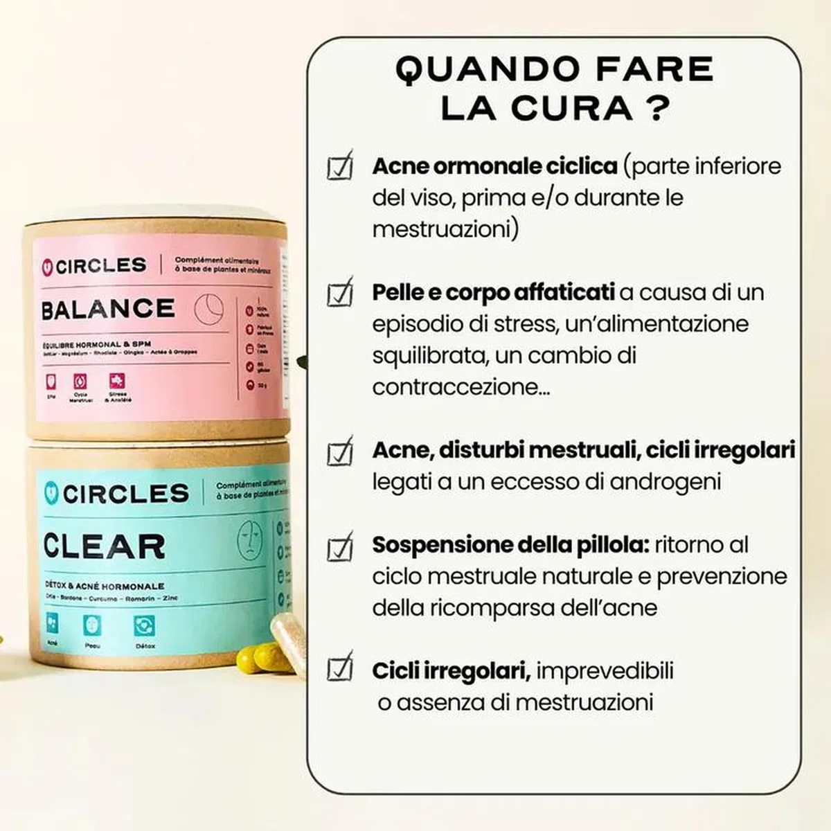 Circles CLEAR + BALANCE Duo Donna - Acne Ormonale & Equilibrio Ormonale - Zinco + Magnesio Bisglicinato + Agnocasto Bardana Rodiola - Post-Pillola SPM Ciclo Femminile - 120 Capsule Vegan Francia