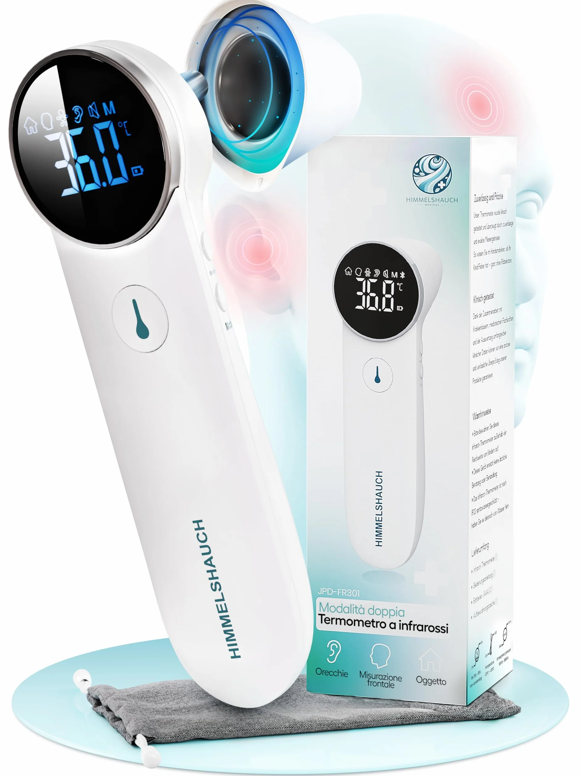 HIMMELSHAUCH MEDICAL Termometro Digitale Infrarossi 3 in 1 Auricolare e Frontale per Neonato Bambino Adulto