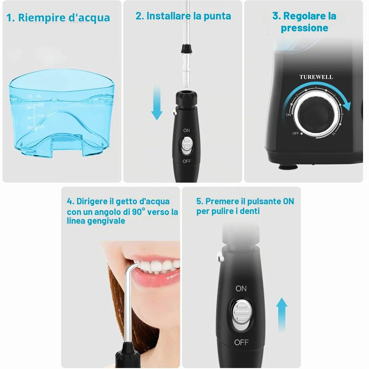 Idropulsore Dentale TUREWELL 8 Ugelli Multifunzione 10 Pressione Regolabile 600ml Nero