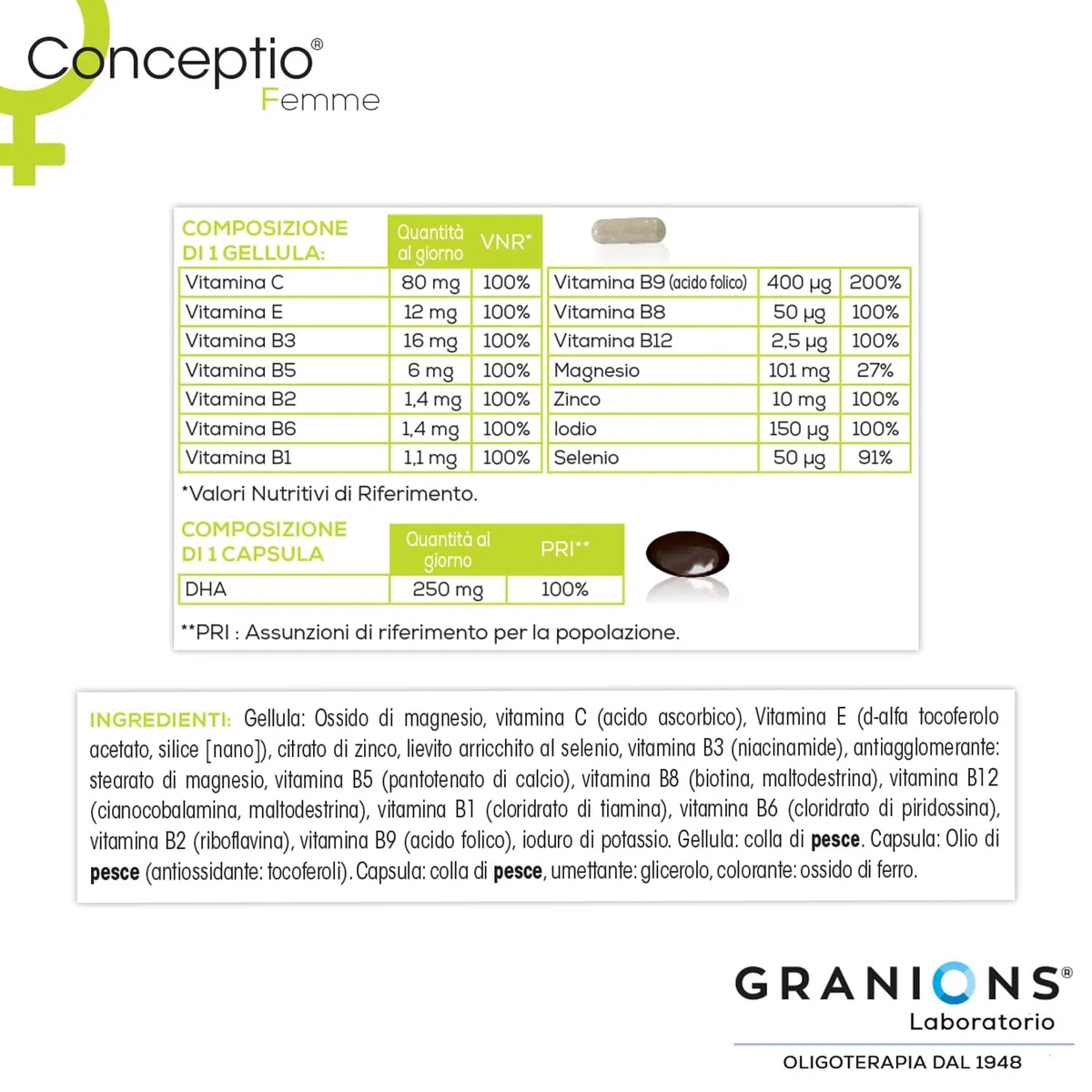 Granions Conceptio Donna Integratore, Desiderio di Maternità, Favorisce la Fertilità Femminile, Vitamine B9 (Acido Folico), B, C, A, Dha, Oligoelementi, 60 Capsule Vegetali