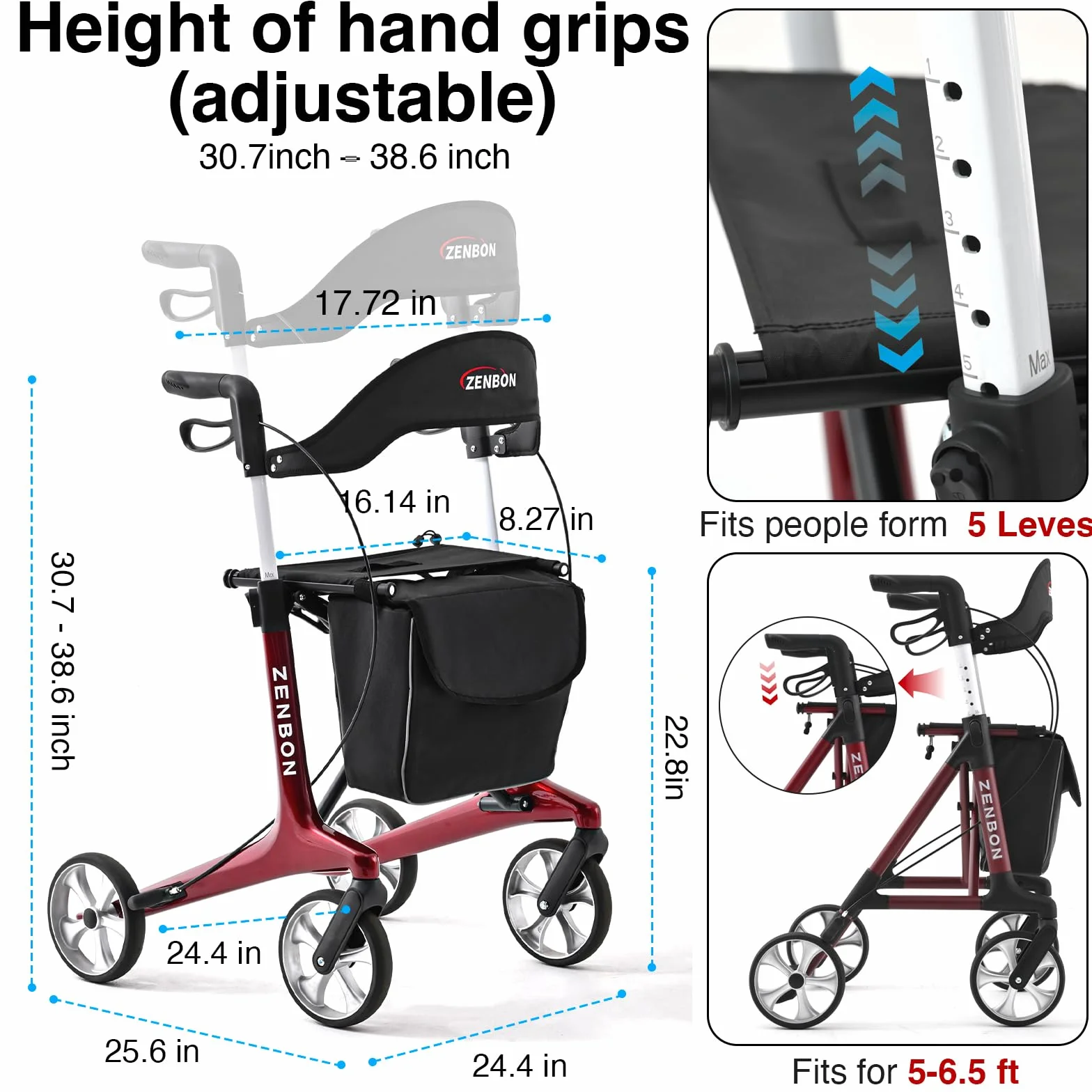 Deambulatore Carbonio Ultralight 5,5 kg: Rollator 4 Ruote Pieghevole e Leggero con Sedile Deambulatore in carbonio per Anziani - Rollator Pieghevoli Leggeri per Viaggi nel Bagagliaio e in Aereo