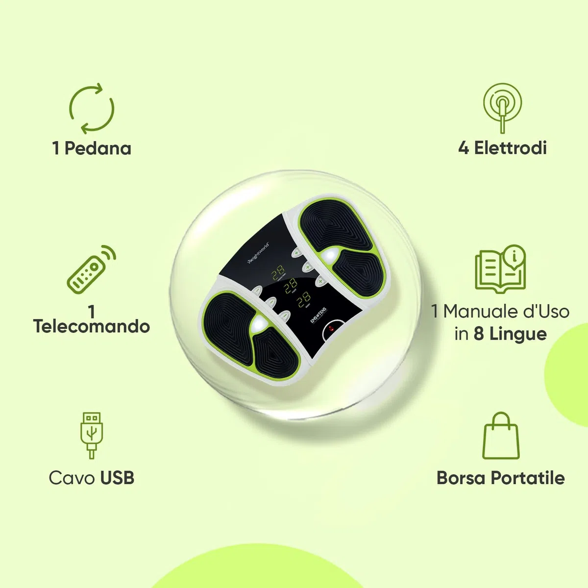 Massaggiatore con Tecnologia TENS ed EMS, Elettrostimolatore a Impulsi Elettrici per 30 Miniuti di Utilizzo, Massaggiatore Plantare con Telecomando, 4 Elettrodi TENS ed EMS e Custodia, Certificato CE