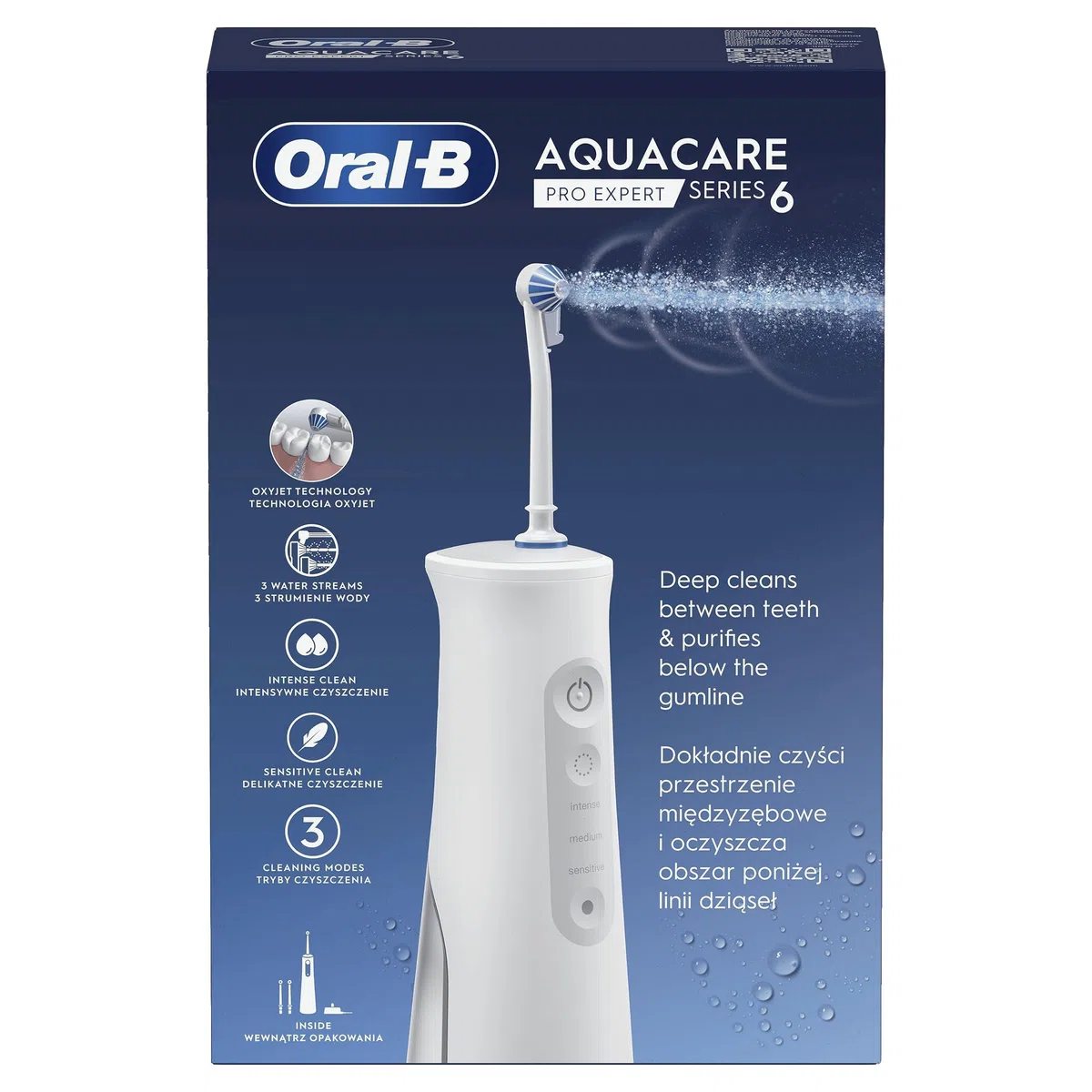 Oral-B AquaCare Pro-Expert Serie 6 Irrigatore con tecnologia ossigeno, 3 punte, 2 getti d'acqua, bianco