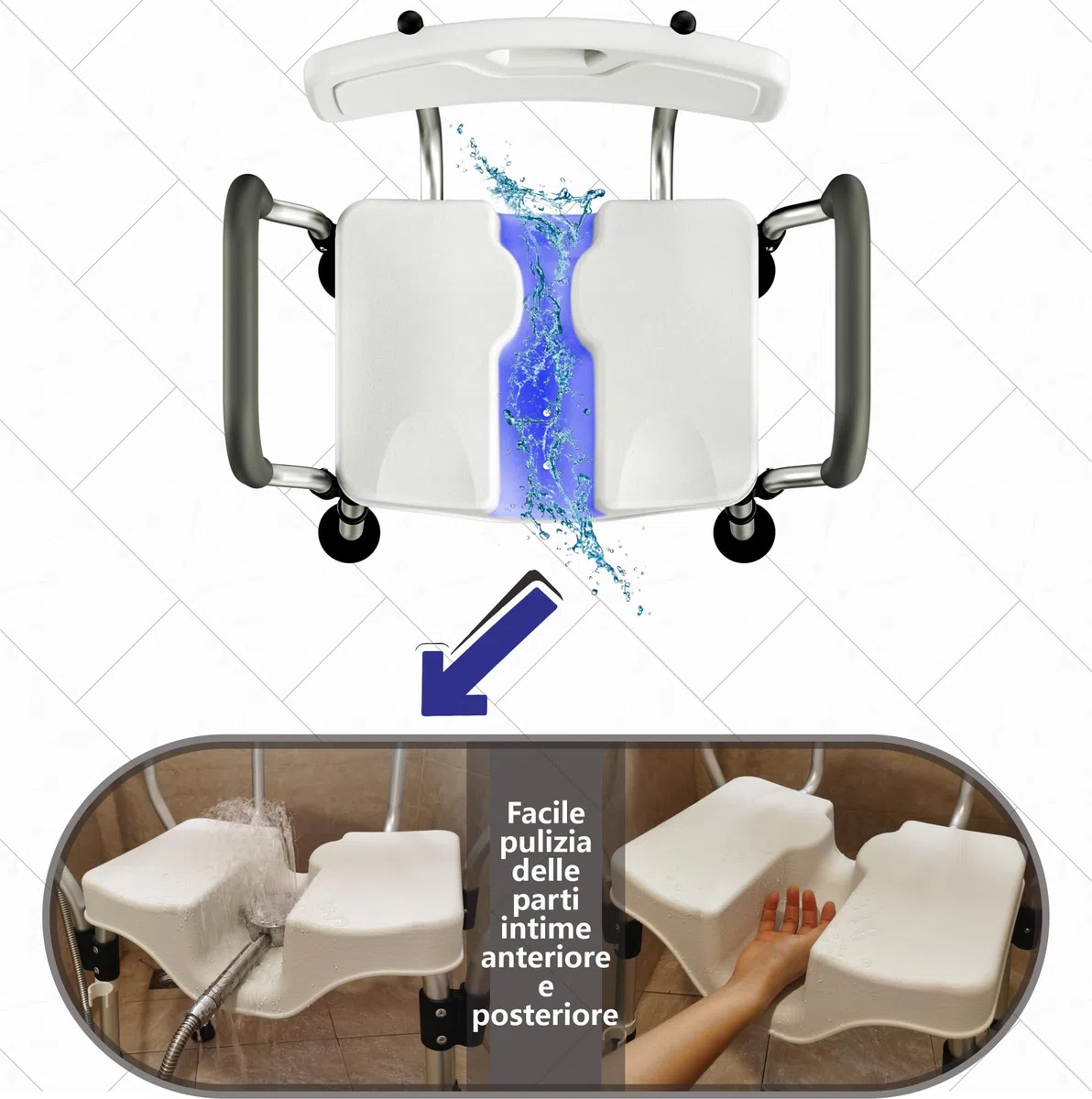 Sedia da Doccia LITTNEO Regolabile con Schienale/Braccioli Sedile da Doccia Resistente, Sagomato, Sedile Antiscivolo a Forma di U per Anziani, Disabili, Donne Incinte