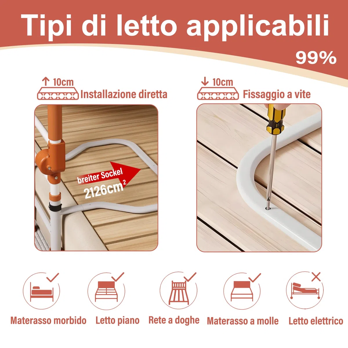 Ausili per Alzarsi dal Letto, Sponda Letto Anziani Pieghevole, con Tre Regolazioni in Altezza e una Tasca Portaoggetti, è Adatta ad Anziani, Persone con Mobilità Ridotta (Con piedini)
