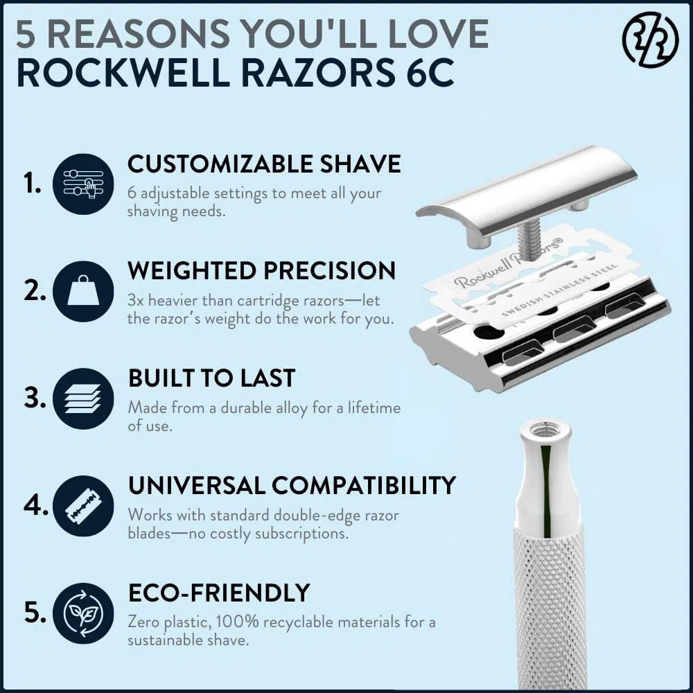 Rockwell Razors - Rasoio di sicurezza regolabile a doppio bordo 6C Bianco/Cromato White Chrome