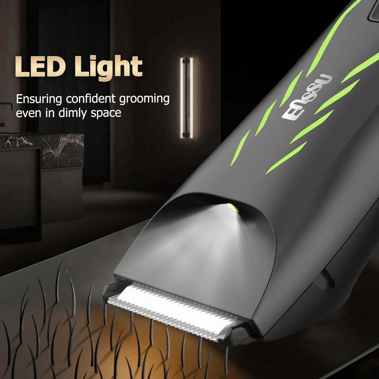 ENSSU Rasoio per peli del corpo uomo senza fili impermeabile con luce e dock di ricarica LED verde