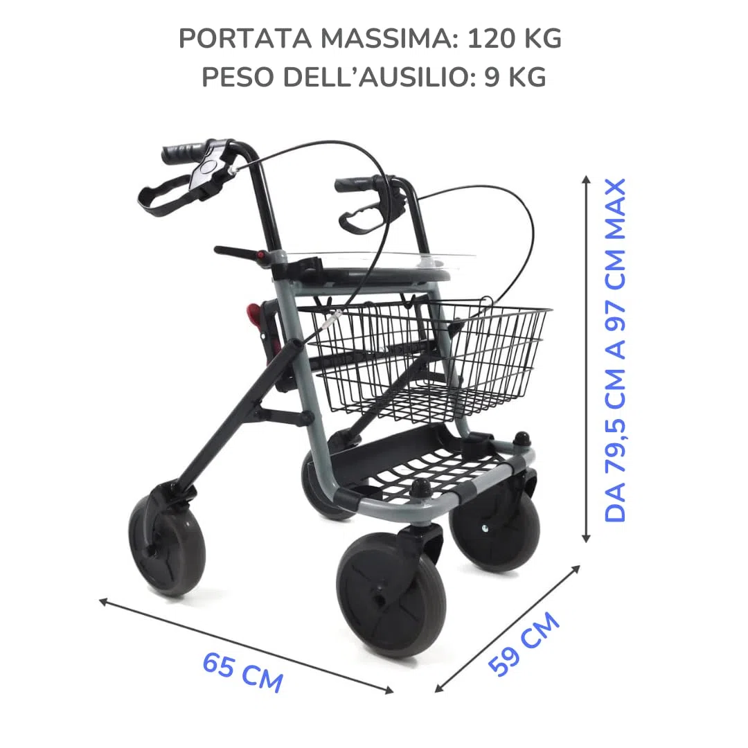 Deambulatore Girello per Anziani e Disabili Pieghevole e Regolabile con 4 Ruote, Rollator con Freni di Stazionamento, Seduta e Cestino per esterni e interni, Alluminio