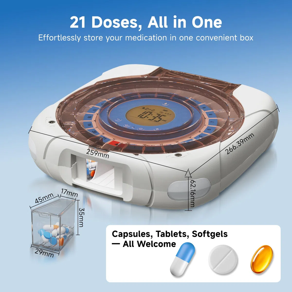 Retekess TH017 Distributore Automatico di Pillole, Comunicazione Wi-Fi Wireless, Espulsione Automatica Delle Pillole, 21 Scomparti per Pillole, due Opzioni di Alimentazione, per Anziani