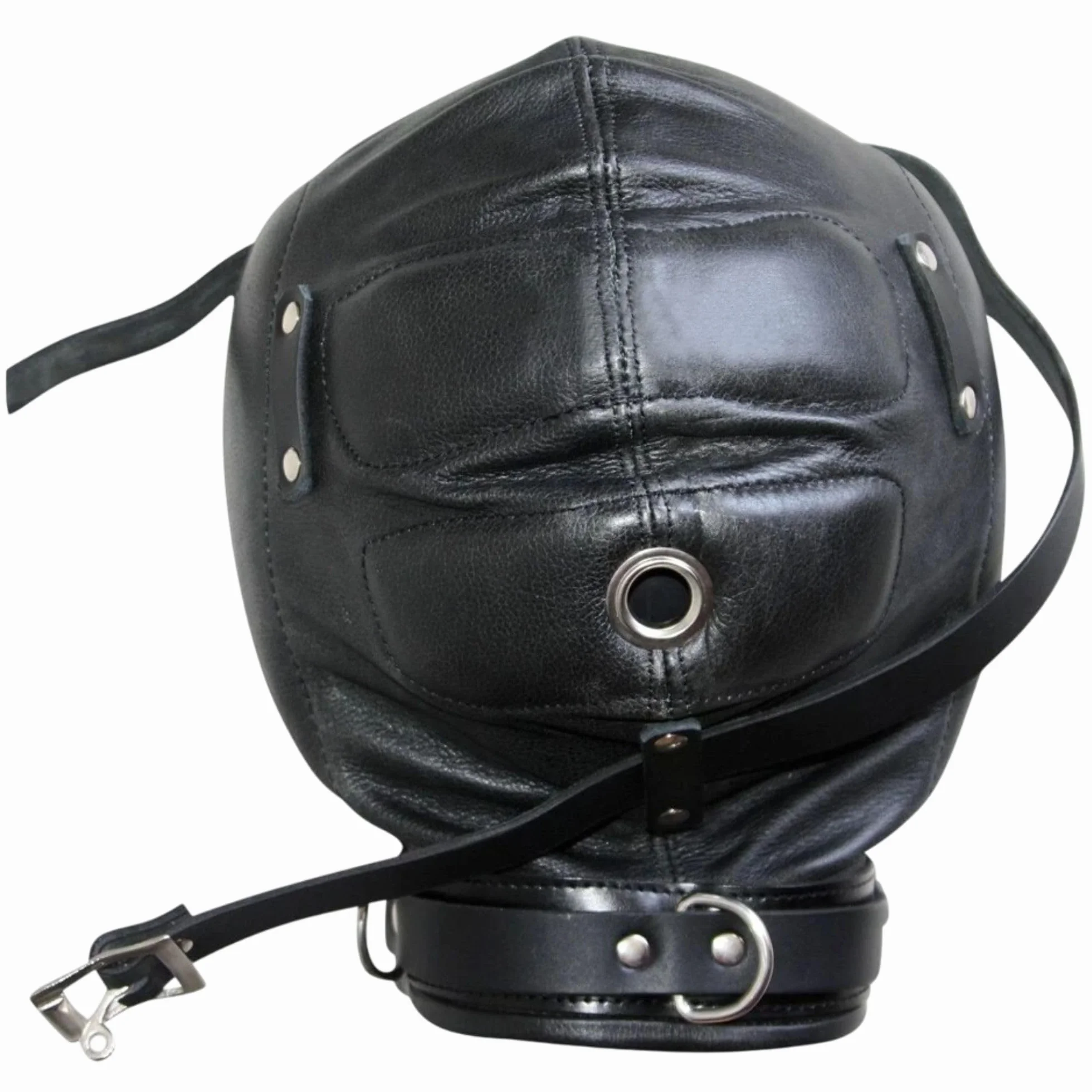 Maschera di Contenimento in Pelle Nera Regolabile con Fibbie in Metallo