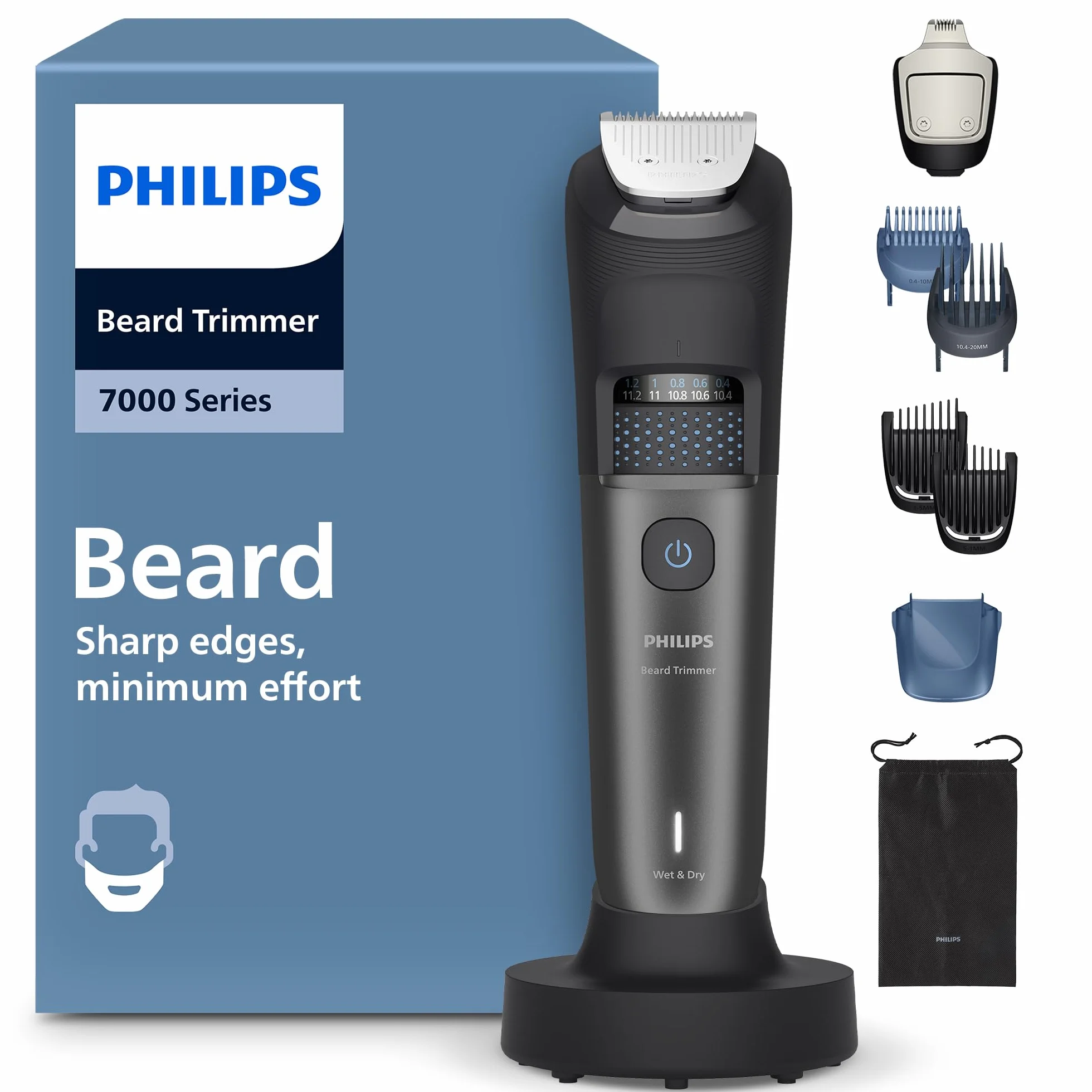 Philips Serie 7000 Regolabarba BT7660/15 Lame Metallo Autoaffilanti 40 Impostazioni Lunghezza BeardSense Impermeabile