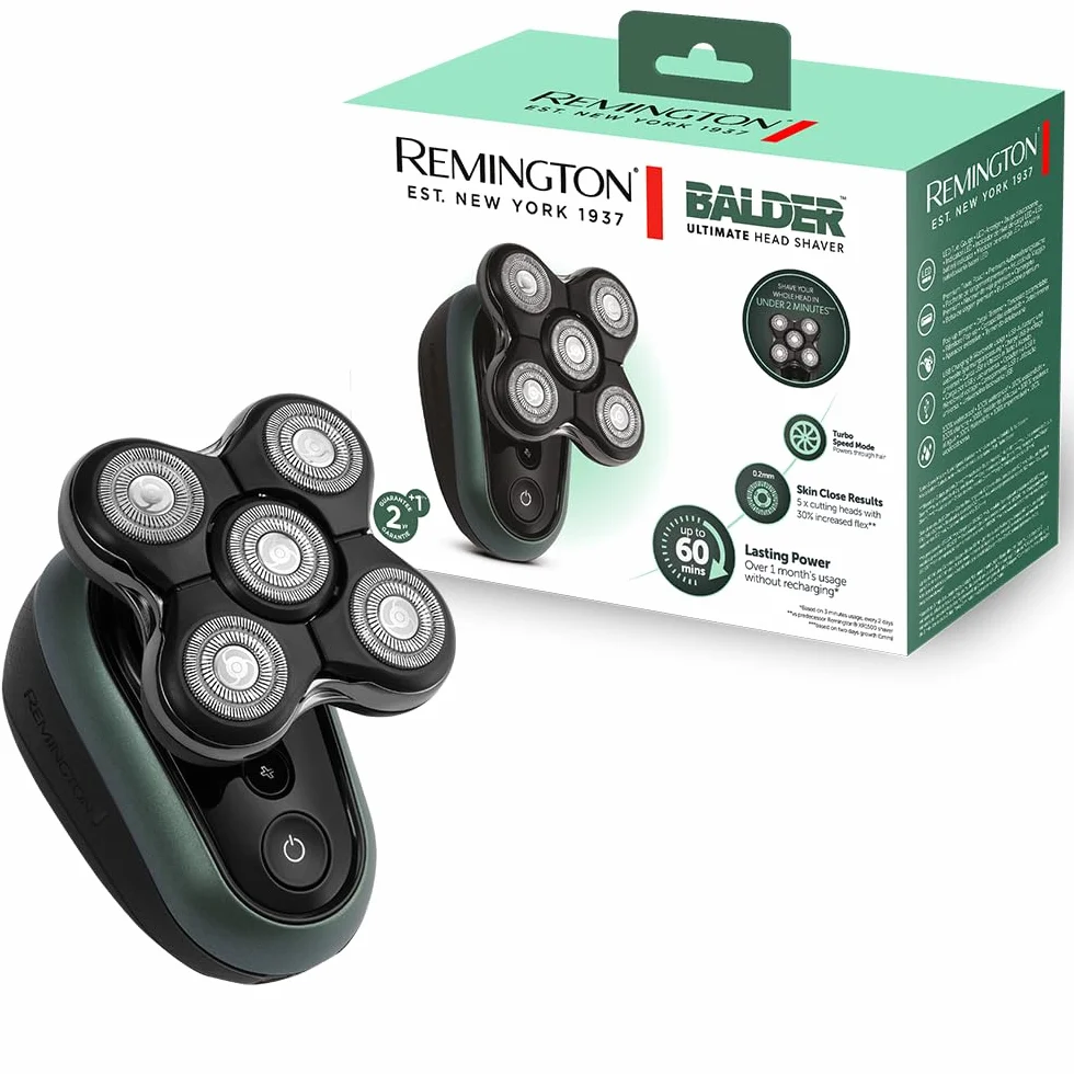 Remington Rasoio Testa Calva Uomo - Funzione Turbo Boost, Ottima velocità e Precisione - Rasoio a Testine Rotanti al litio, 5 testine di rasatura, Raccolta peli, Rifinitore, impermeabile, XR1600