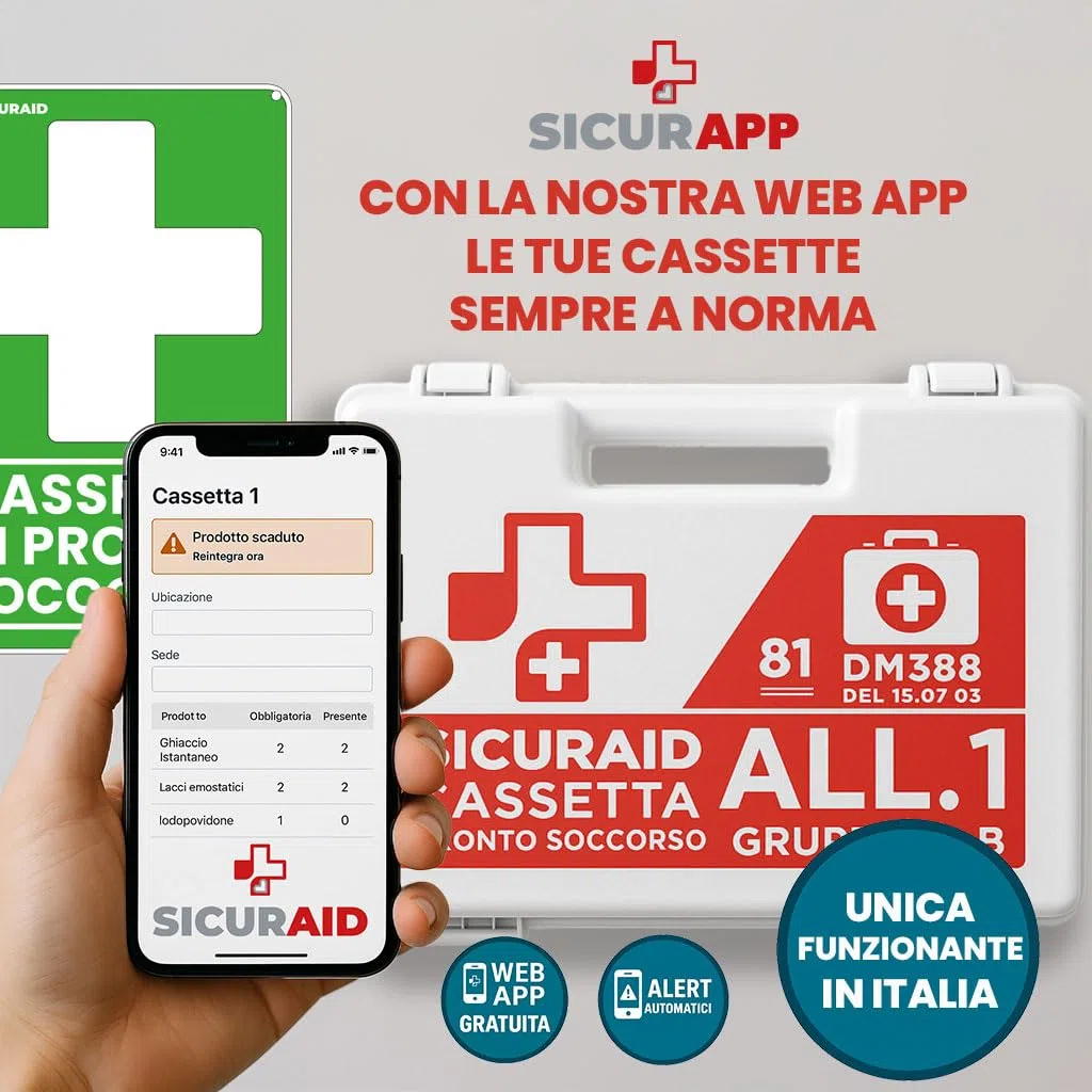 SICURAID Cassetta Pronto Soccorso Aziende più 3 Dipendenti -Cassetta Pronto Soccorso Allegato 1 Gruppo A-B Completa con Cartello e Web App SicurApp (Allegato 1 Gruppo A B)