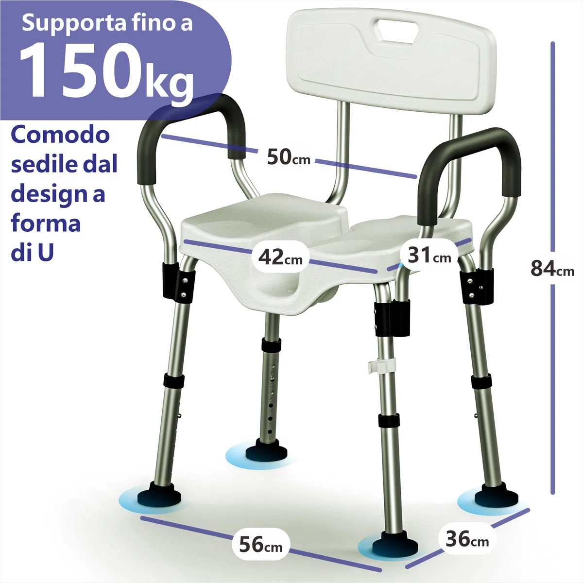 Sedia da Doccia LITTNEO Regolabile con Schienale/Braccioli Sedile da Doccia Resistente, Sagomato, Sedile Antiscivolo a Forma di U per Anziani, Disabili, Donne Incinte