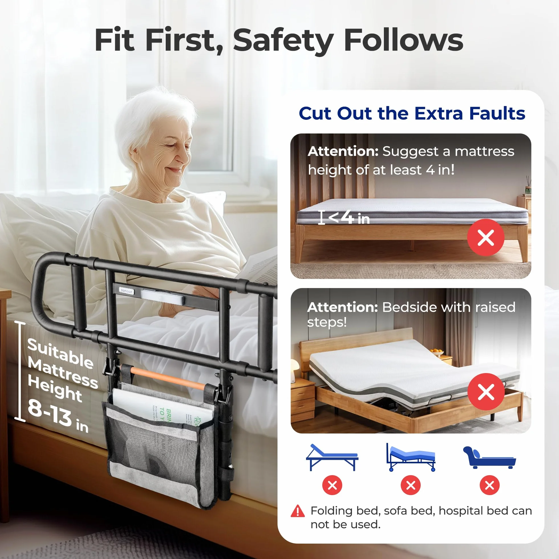 C5 Sponda Letto Anziani Regolabile e Pieghevole, Altezza/Larghezza Aggiustabile Sponde, Disabili, Sbarra con LED, Assistenza Alzarsi e Cura, Matrimoniale