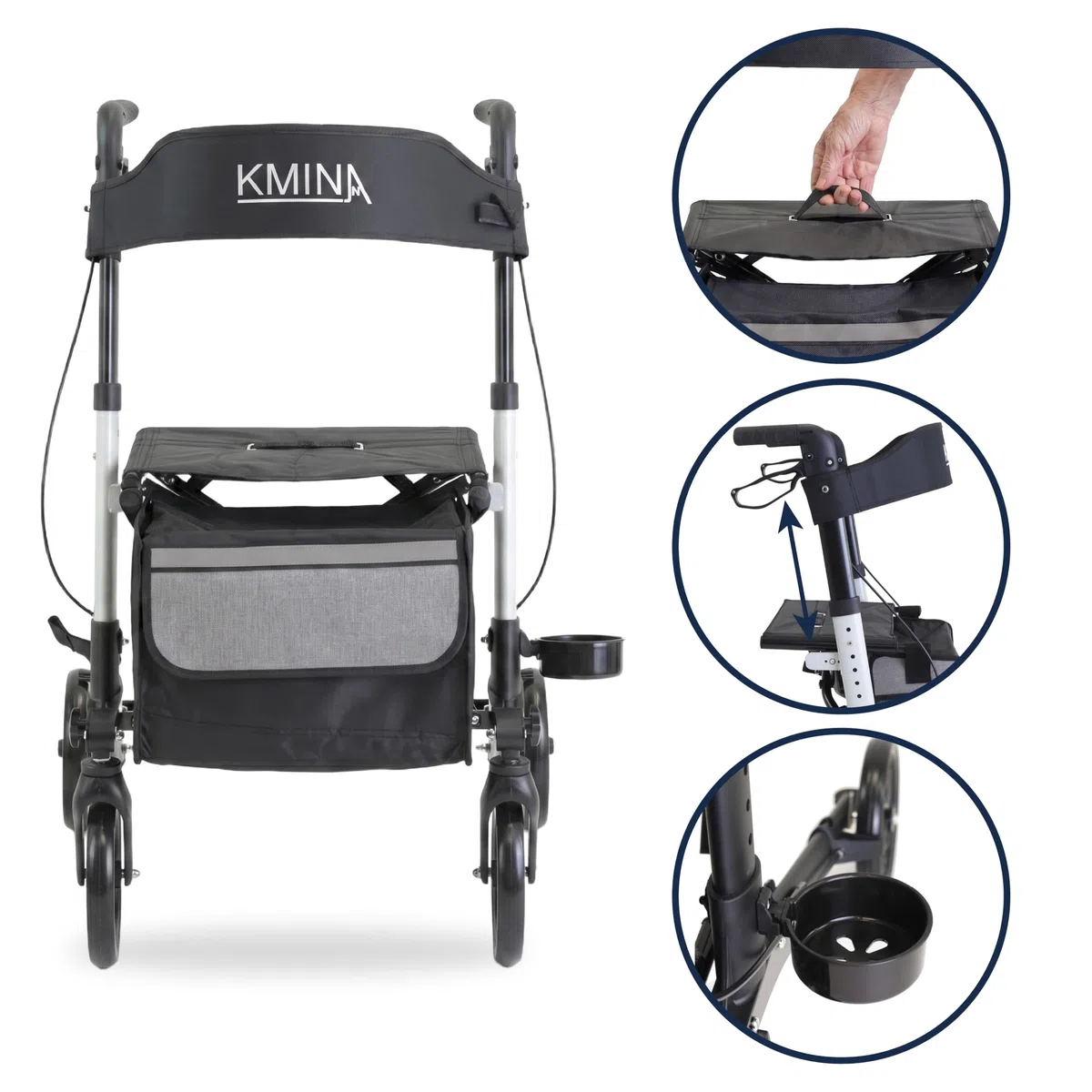 KMINA Deambulatore Pieghevole con Sedile per Adulti, Pieghevole Verticale, Altezza Regolabile, Freno a Levetta, Borsa e Porta Bastone, Bianco