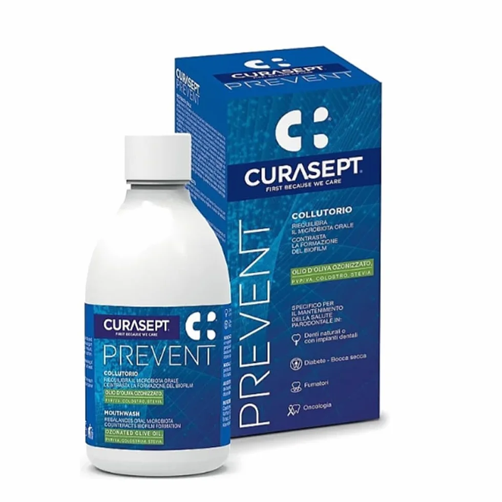 Curasept Prevent Kit Collutorio 300 ml + Gel 30 ml Protezione Gengive Impianti Postbiotici Olio d'Oliva Ozonizzato