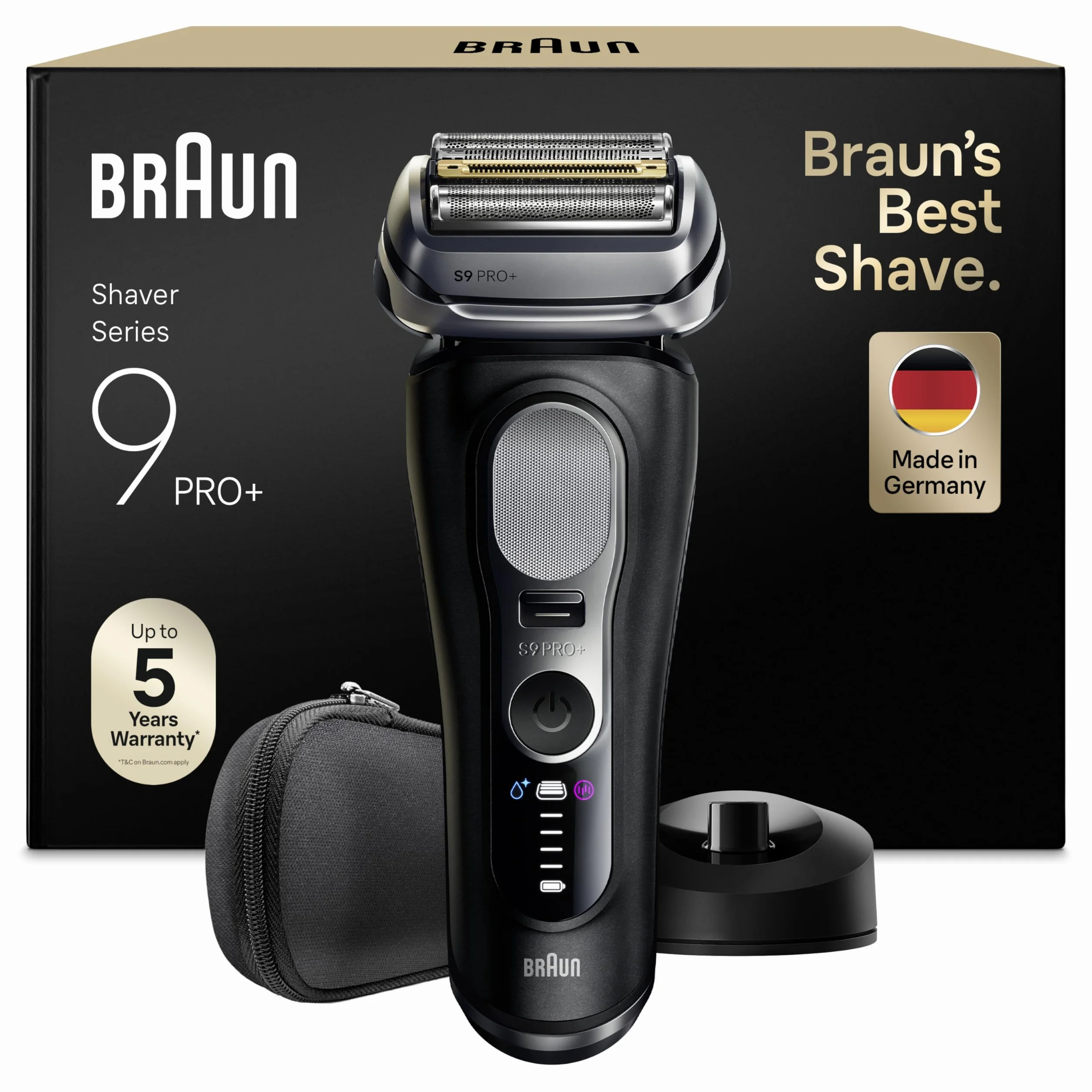 Braun Serie 9 Pro+ Rasoio Elettrico Barba Wet&Dry 5+1 Lame Ultra Sottili Tecnologia Pro Sensoadapt 60 Min Base di Ricarica Nero