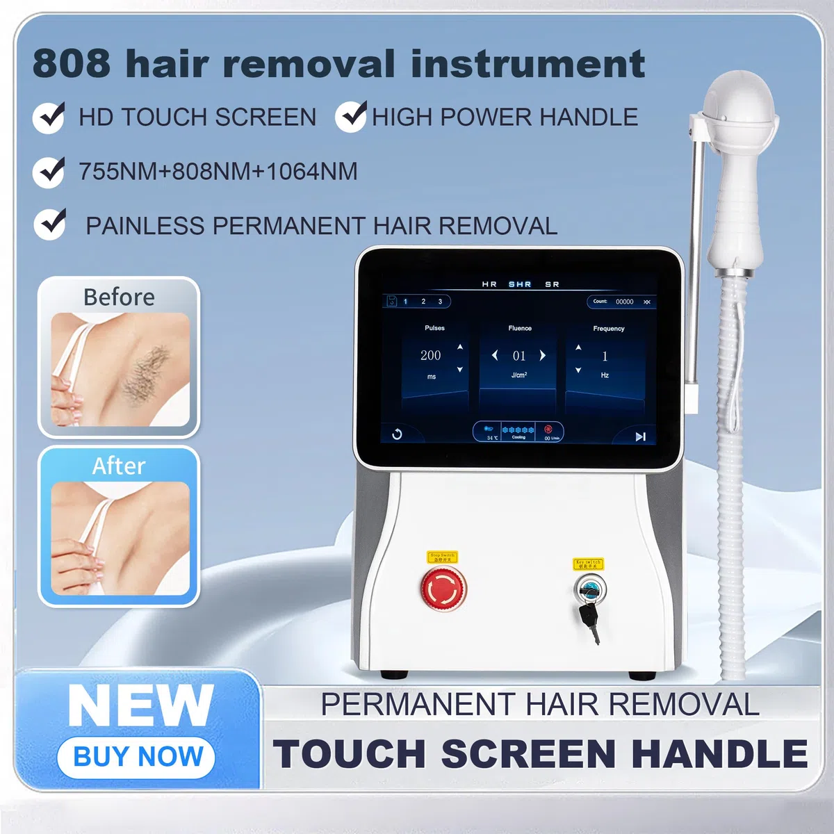 10 Bars, Depilatore Laser a Diodi Indolore, Tecnologia di Raffreddamento Integrata, 3 Lunghezze d'Onda (808nm/755nm/1064nm), Per Viso e Corpo, Bianco