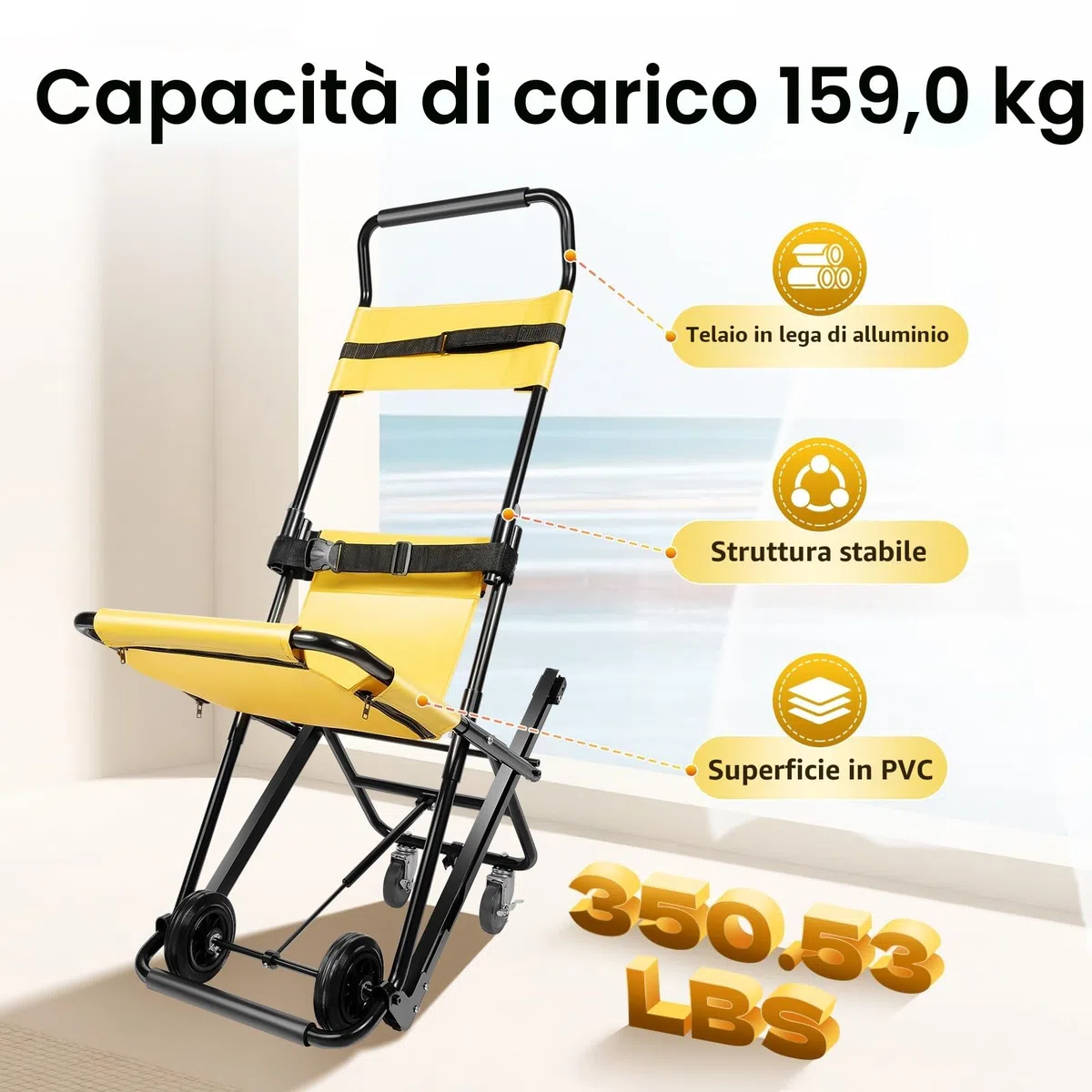 Sollevamento delle scale pieghevole per sedia a rotelle, sedia a rotelle pieghevole, attrezzi per salire le scale con poggiatesta regolabili e cinture di sicurezza
