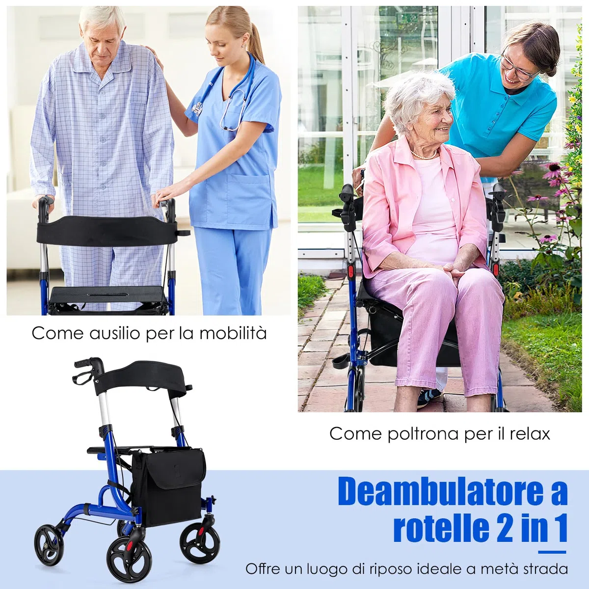 COSTWAY Deambulatore con Seduta 2 in 1, Rollator Pieghevole, Deambulatore per Anziani con 4 Ruote, Maniglie Regolabili Freni, con Doppia Funzione Schienale Reversibile e Borsa Portaoggetti (Blu)