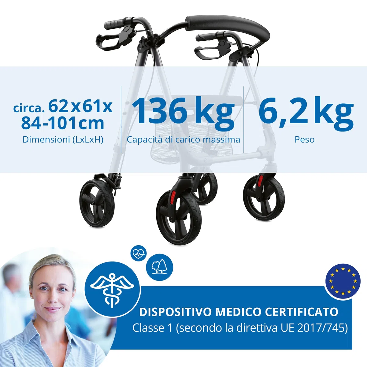 Deambulatore leggero e regolabile, 6,2 kg, seduta imbottita con schienale, rete e supporto per bastone, pieghevole, maniglie e seduta regolabili in altezza in 4 posizioni, carrello da passeggio da
