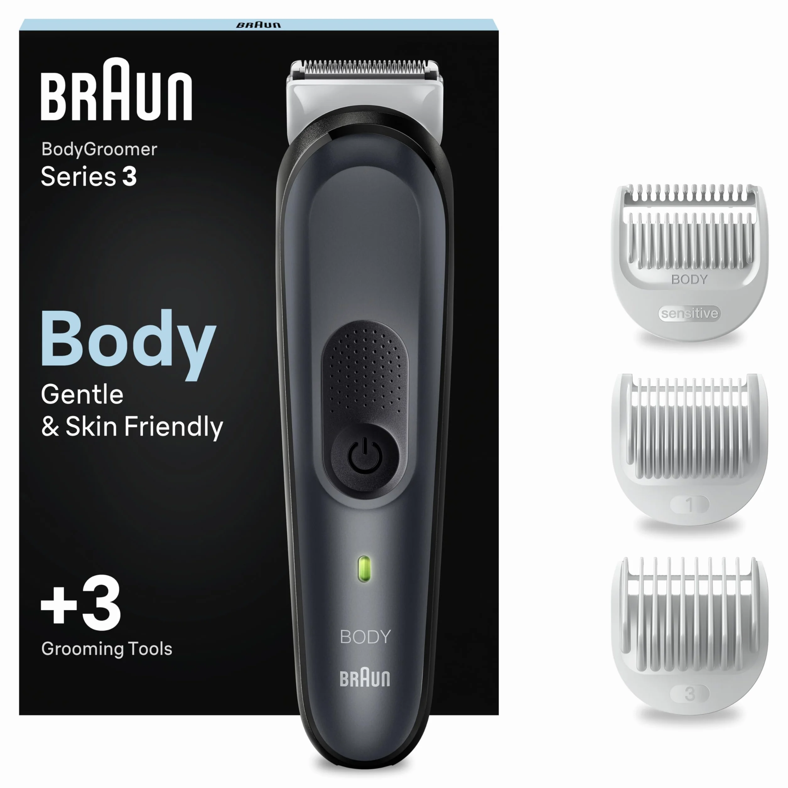 Braun Series 3 3340 Depilatore Corpo Uomo, Pettini 1mm 3mm, Tecnologia SkinShield, Lavabile