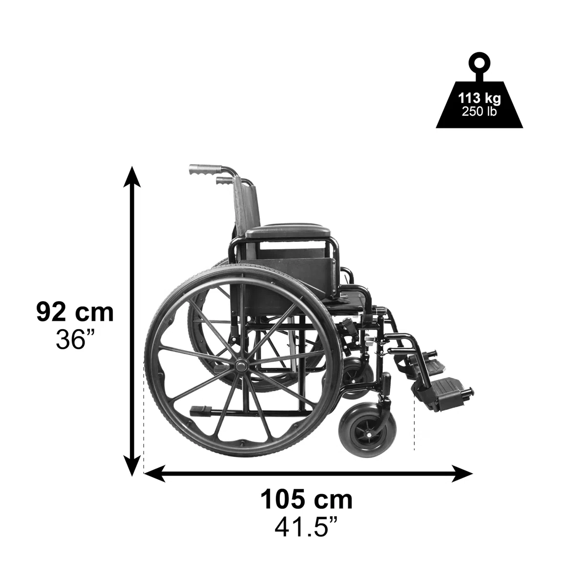 PEPE Mobility Sedia a Rotelle Autospinta Pieghevole e Leggera (Seduta 46 cm), Telaio in Acciaio Nero, Carrozzina per Disabili e Anziani Compatta e Robusta