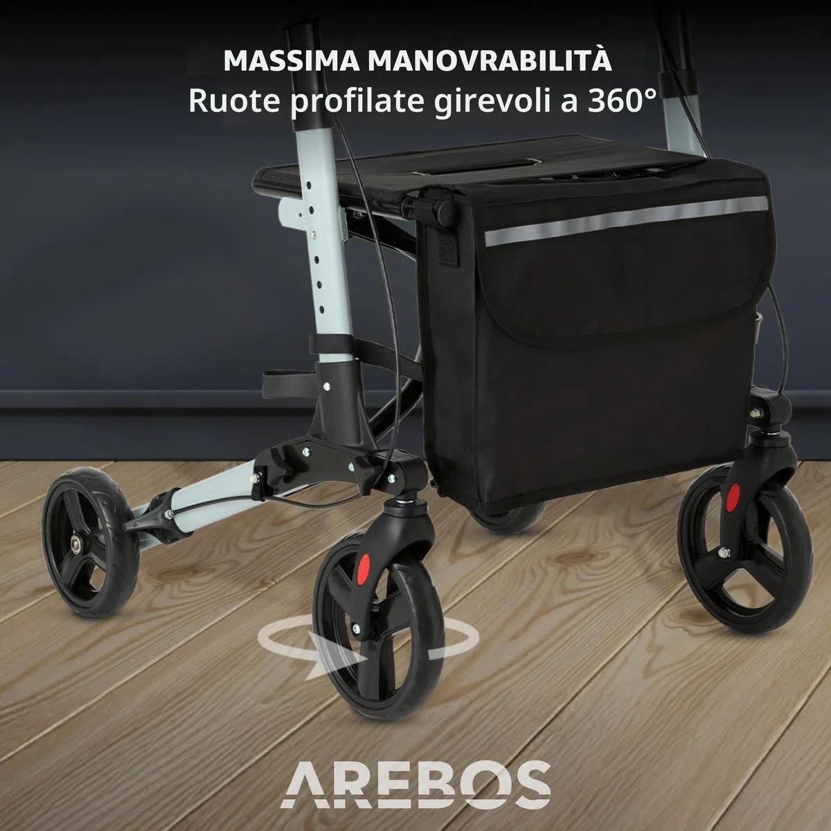 Arebos Deambulatore 4 Ruote | 136 kg | Pieghevole | Alluminio | Peso Leggero | con Borsa per la Spesa | Nero